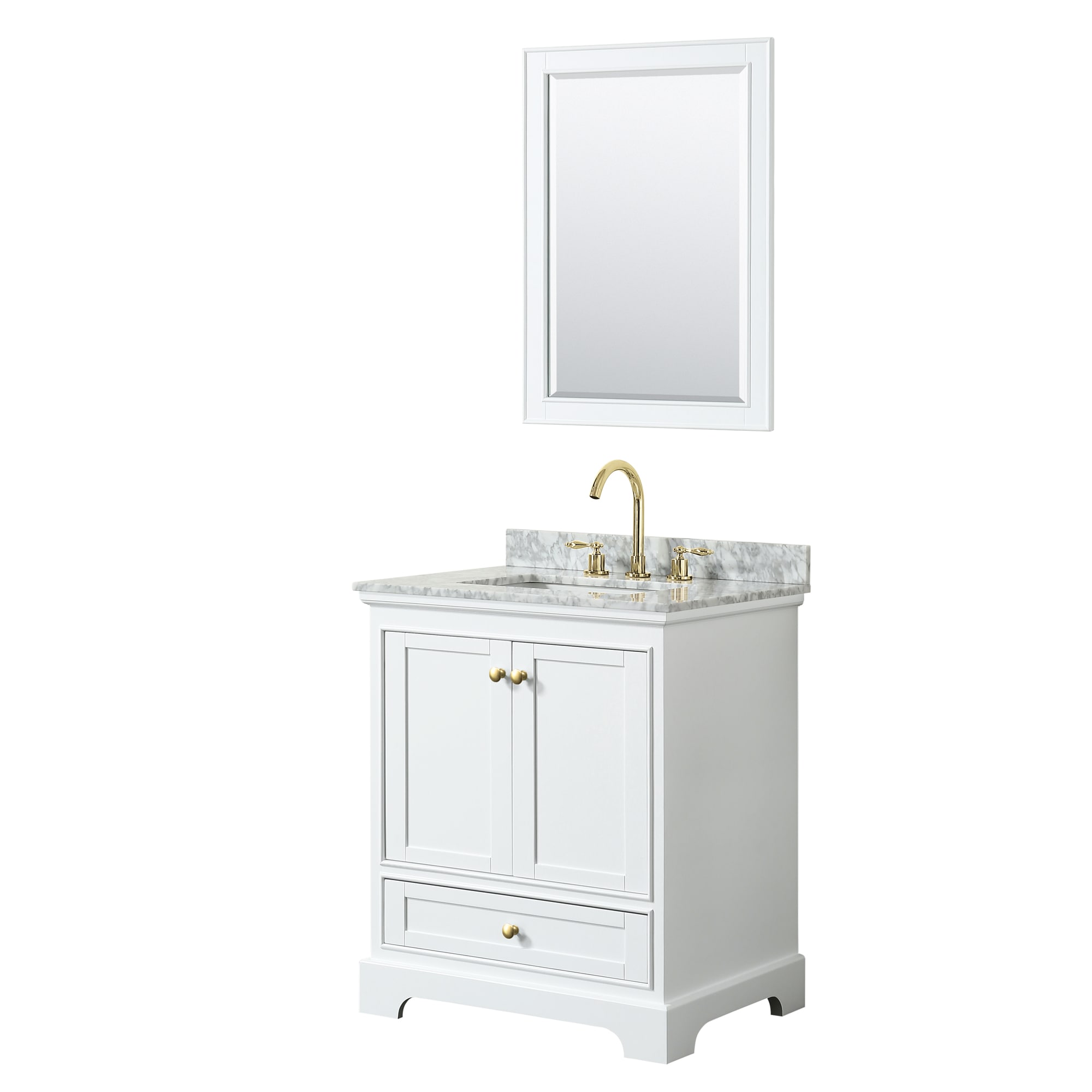 Wyndham Collection WCS202030SWGCMUNSM24 Deborah 30-in White with Brushed Gold Trim Undermount Single sink Bathroom Vanity with White Carrara Marble Marble Top (Mirror Included)