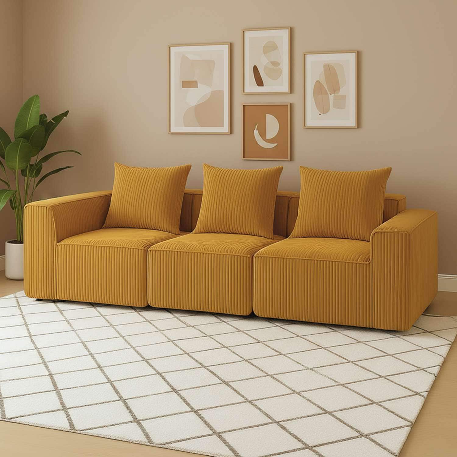 VERYKE LL-SF002OG Couch Compression Sofa 3-Seater Foam Sofa with Pillows