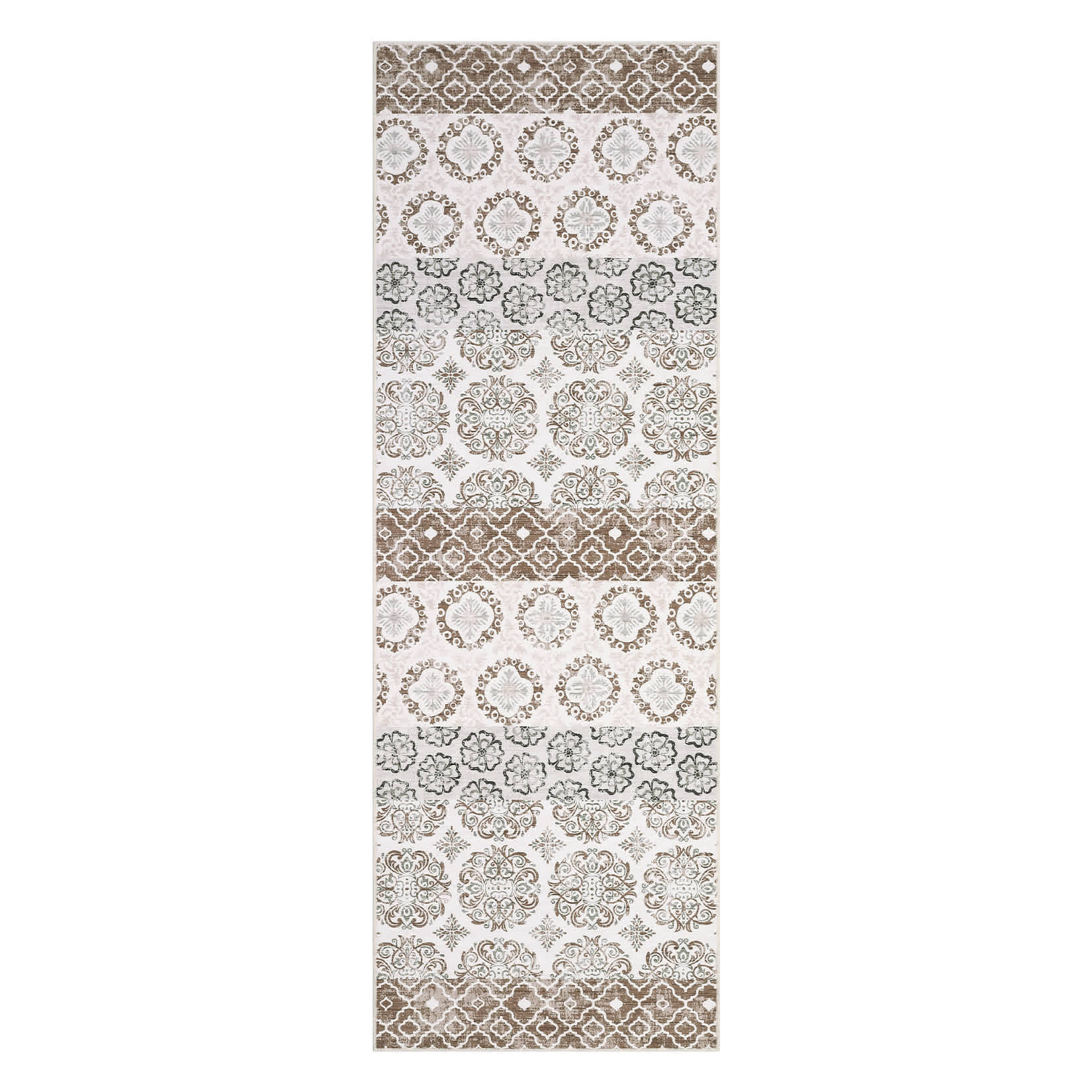 Qeetex LSN-PHK-343NATMS 2 x 6 ft Polyester Pearl Velvet Beige Rectangular Hallway Bathroom Entryway Kitchen Office Foldable Flower Printed Bohemian Washable Area Rug