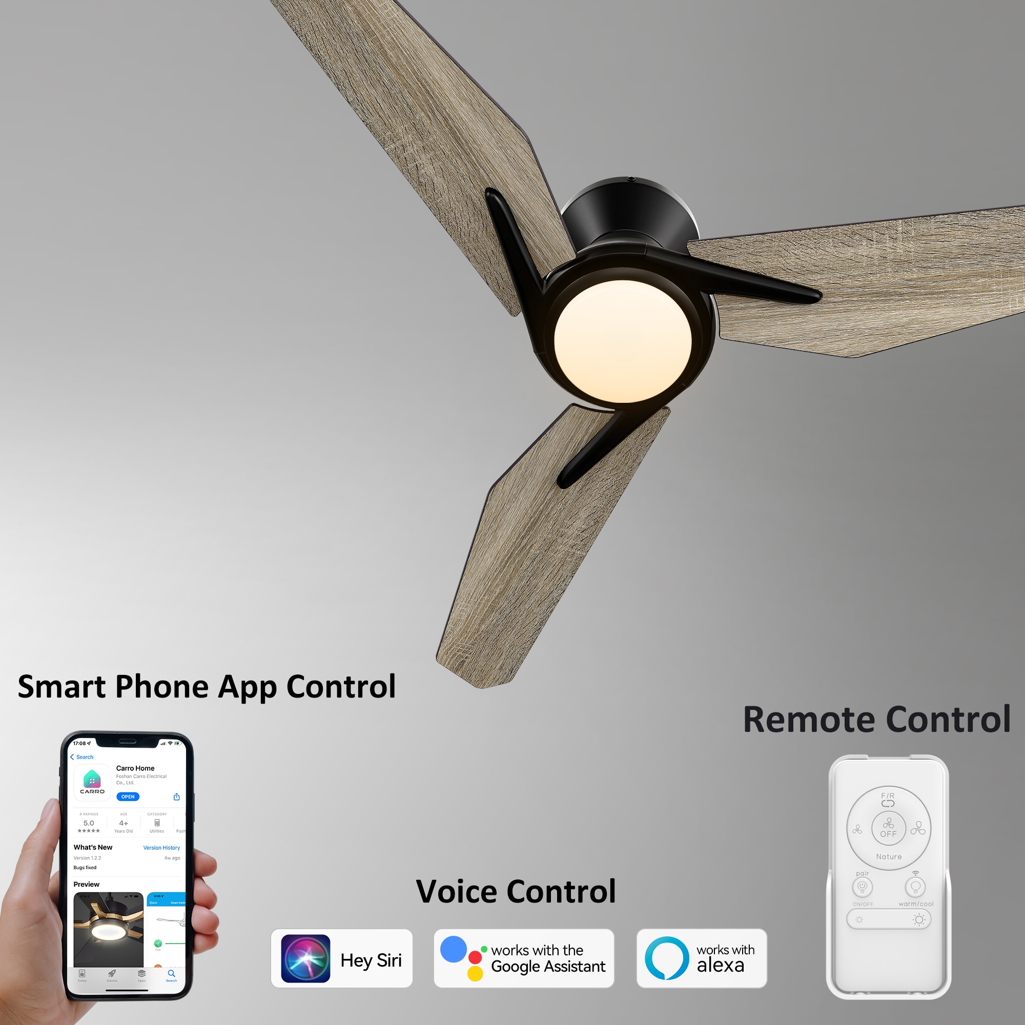 CARRO USA Tilbury 48-in Black with Wooden Blades Indoor/Outdoor Flush Mount Smart Ceiling Fan with Light and Remote (3-Blade) LS483J3-L11-BS-1-FM Sansujyuku sansujyuku.com