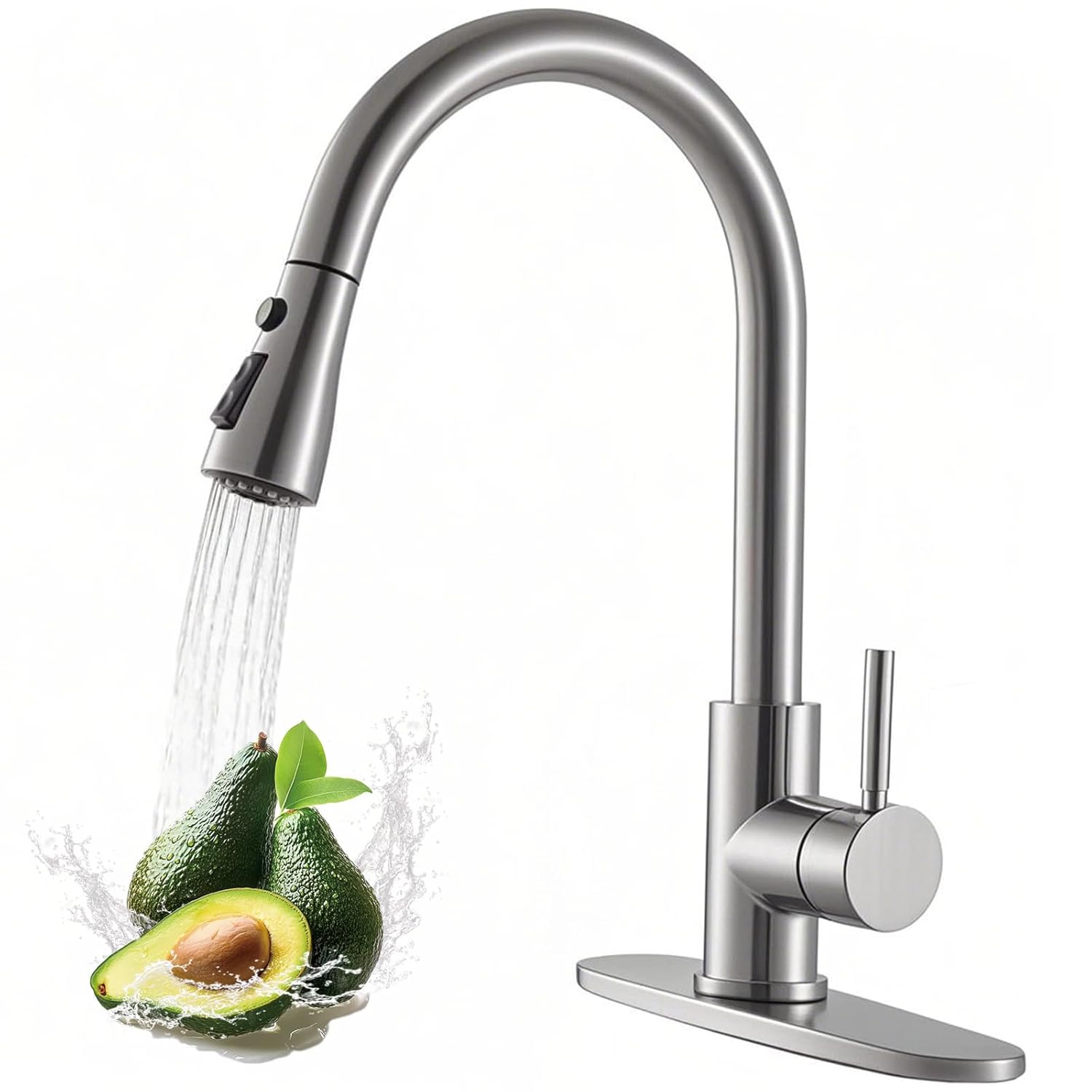 WEWE High Arc Single Handle Pull Down Kitchen Faucet with 3 Spray Modes in Brushed Nickel Finish Fits 1 or 3 Hole Sinks Stainless Steel 1.8 GPM