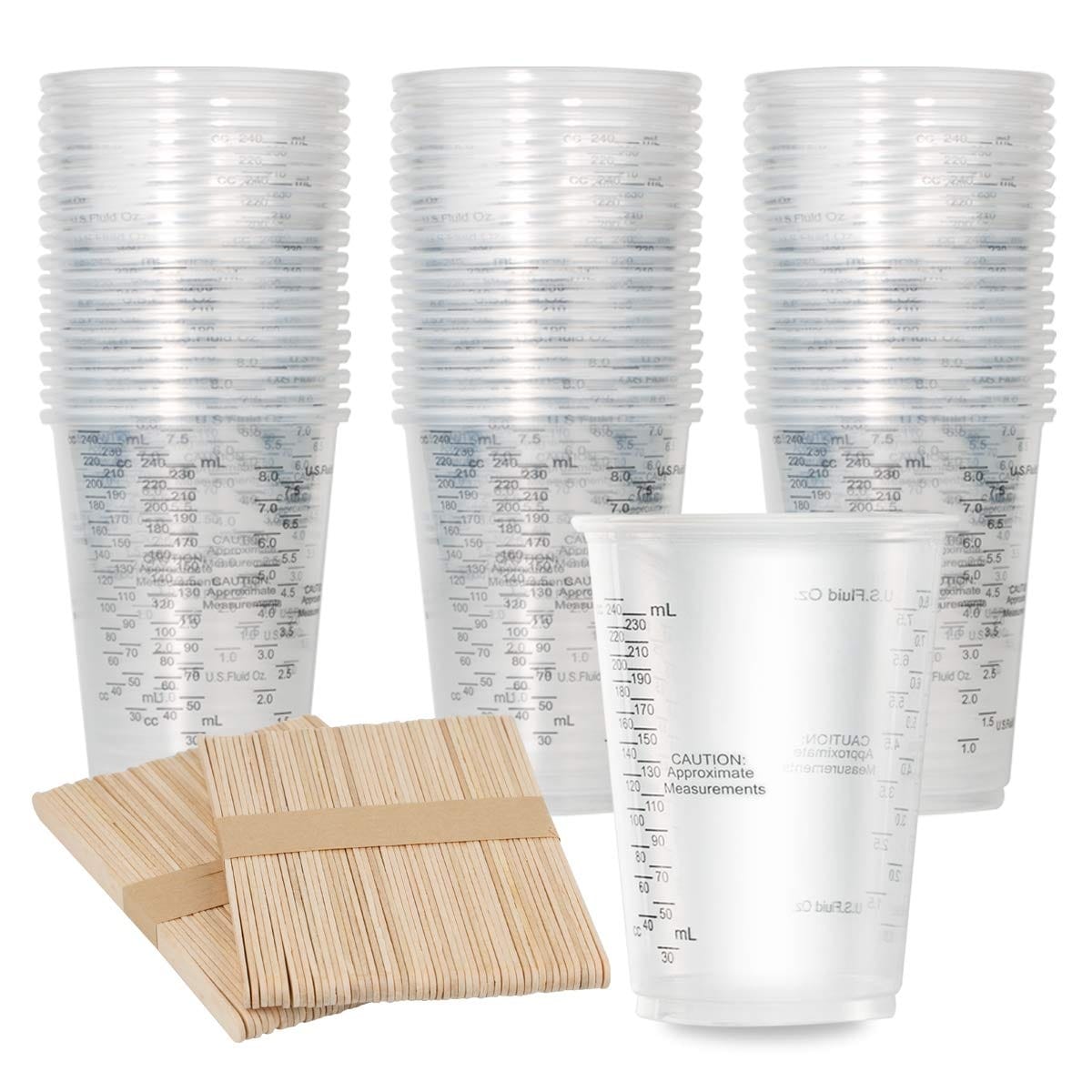 Phewnyzo  100pcs Clear Plastic Measuring Cups and 100pcs Wooden Stirring Sticks for Paint Resin Epoxy Mixing Set