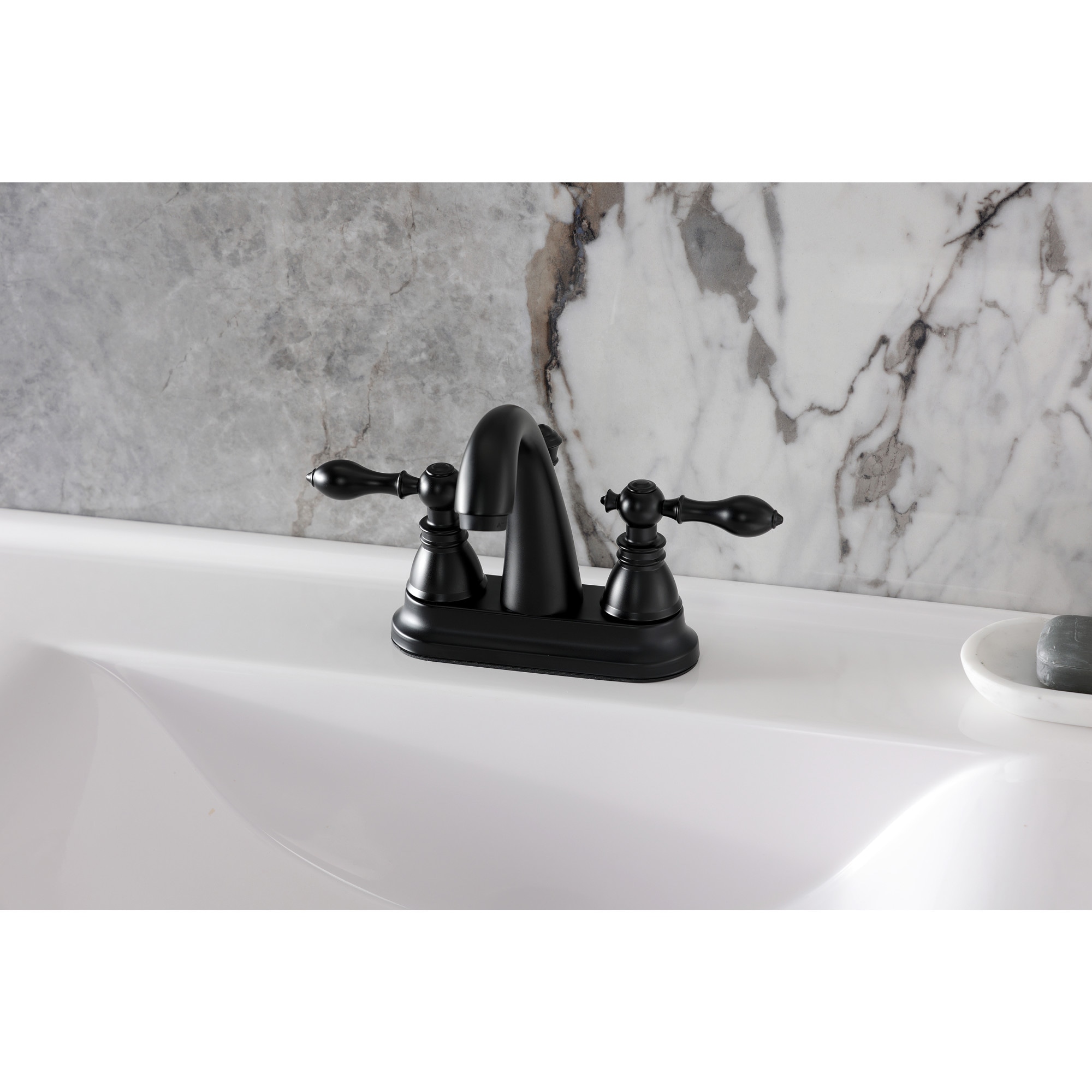 Kingston Brass WLFSY5610ACL American Classic Matte black 4-in centerset 2-handle Low-arc Residential Handle Bathroom Sink Faucet with Drain