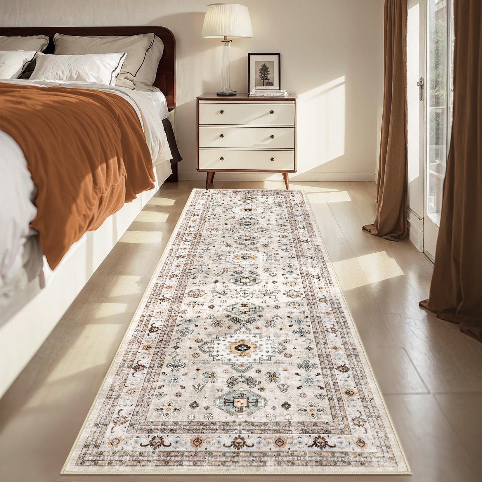 IdealHouse 2 x 6 ft Polyester Beige Rectangular Area Rug Flower Printed ...