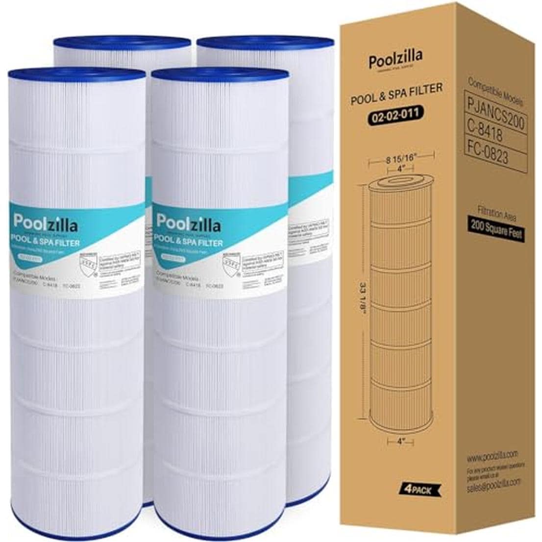 Poolzilla 02-02-011-4PACK 4 Pack Replacement Pool Filter Cartridge Compatible with Jandy CS200 PJANCS200 R0462400 Unicel C 8418 Filbur FC 0823 Aladdin 35002 200