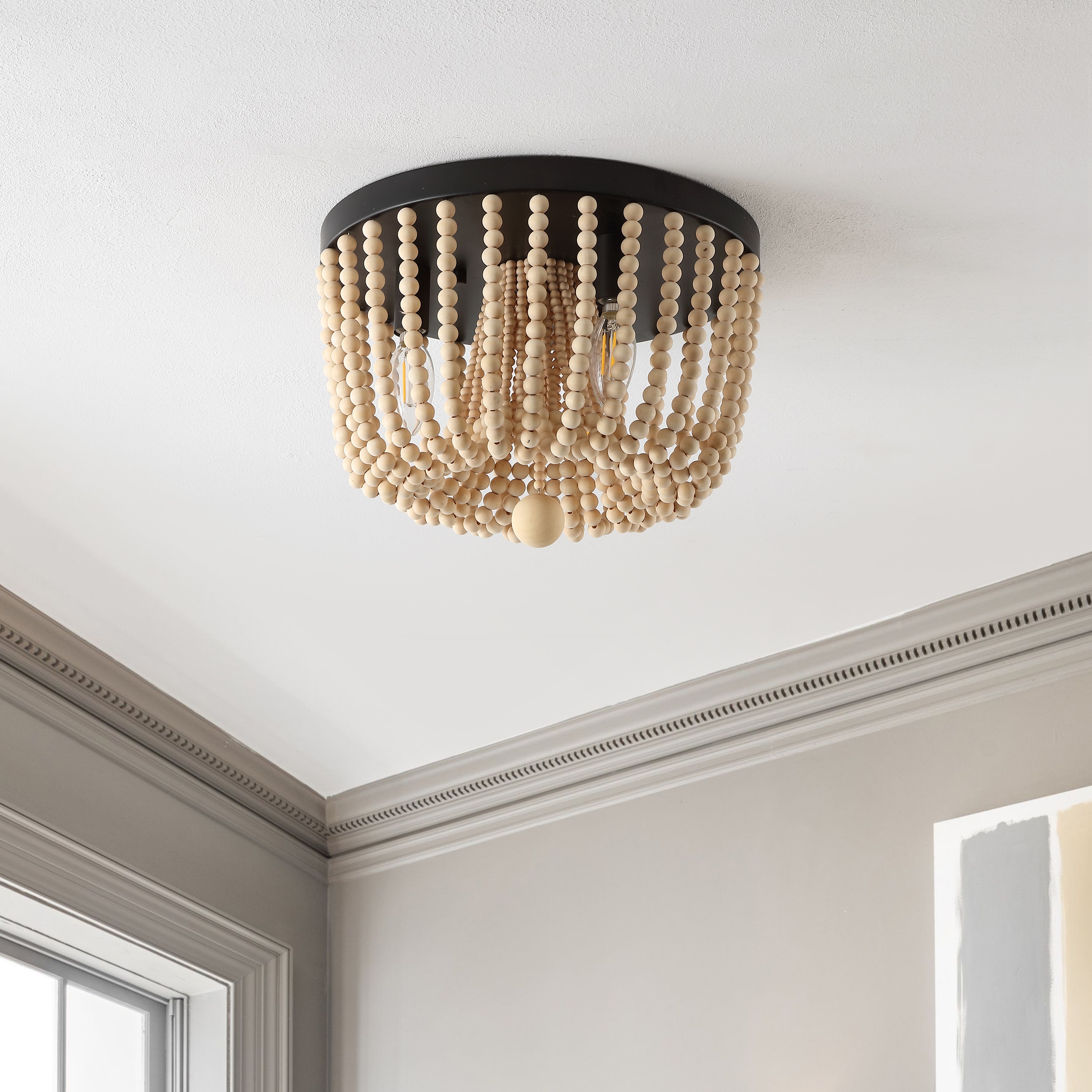 Bronze Bohemian Iron and Wood Bead LED Flush Mount Light