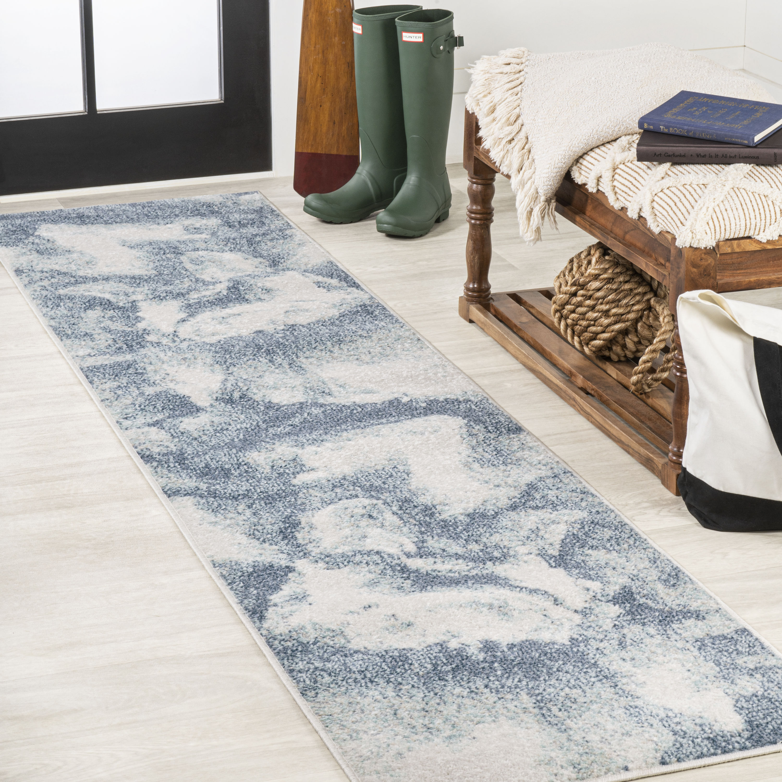 Petalo Blue and Cream Synthetic Abstract Runner Rug - 2x8 Feet