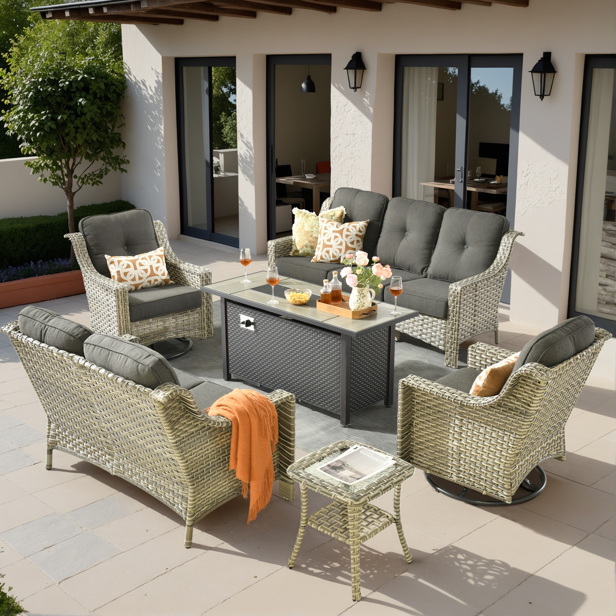 Pouuin SDYZPAD106 6 -Piece Wicker Patio Sofa Conversation Set with Black Cushions
