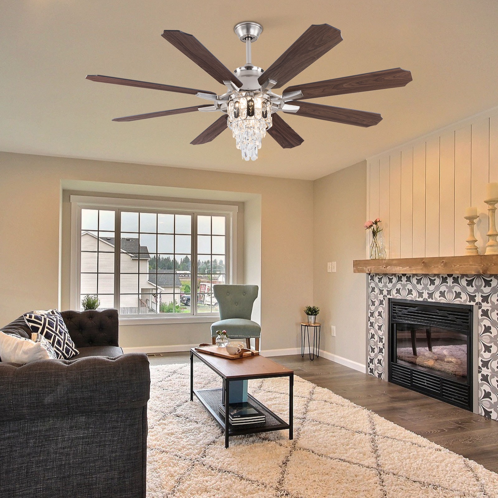 Oukaning JZUCOD-01160099 60-in Color-Changing 6-speed Silver Crystal with Wood Blades Fandelier Ceiling Fan With Light - Remote Included ( 8 -Blade )