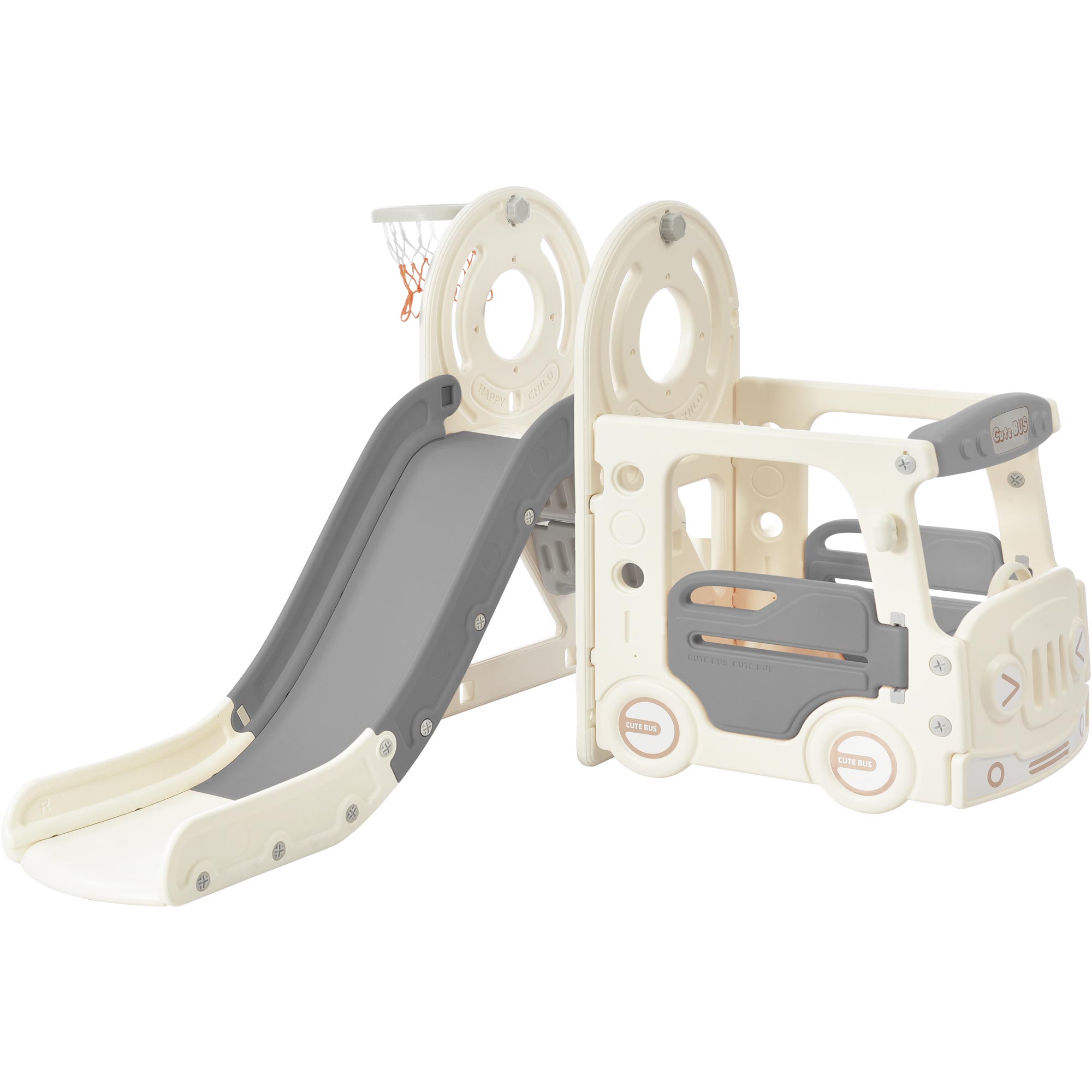 Siavonce Kids Slide with Bus Play Structure, Freestanding Bus Toy with Slide for Toddlers, Bus Slide Set with Basketball Hoop #XH89AAE