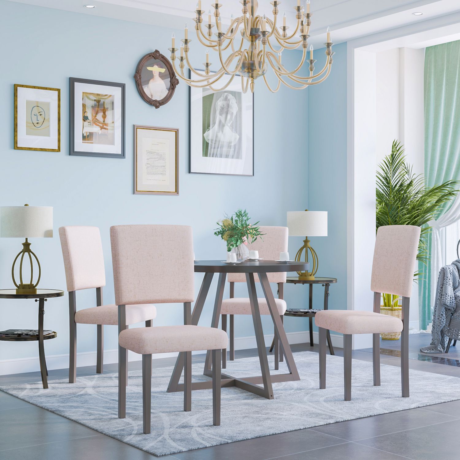 JASMODER SH000175AAE Mid-Century Wood 5-Piece Kitchen Dining Table Set With Round Table, 4 Upholstered Dining Chairs For Small Places, Gray Table + Beige Chair