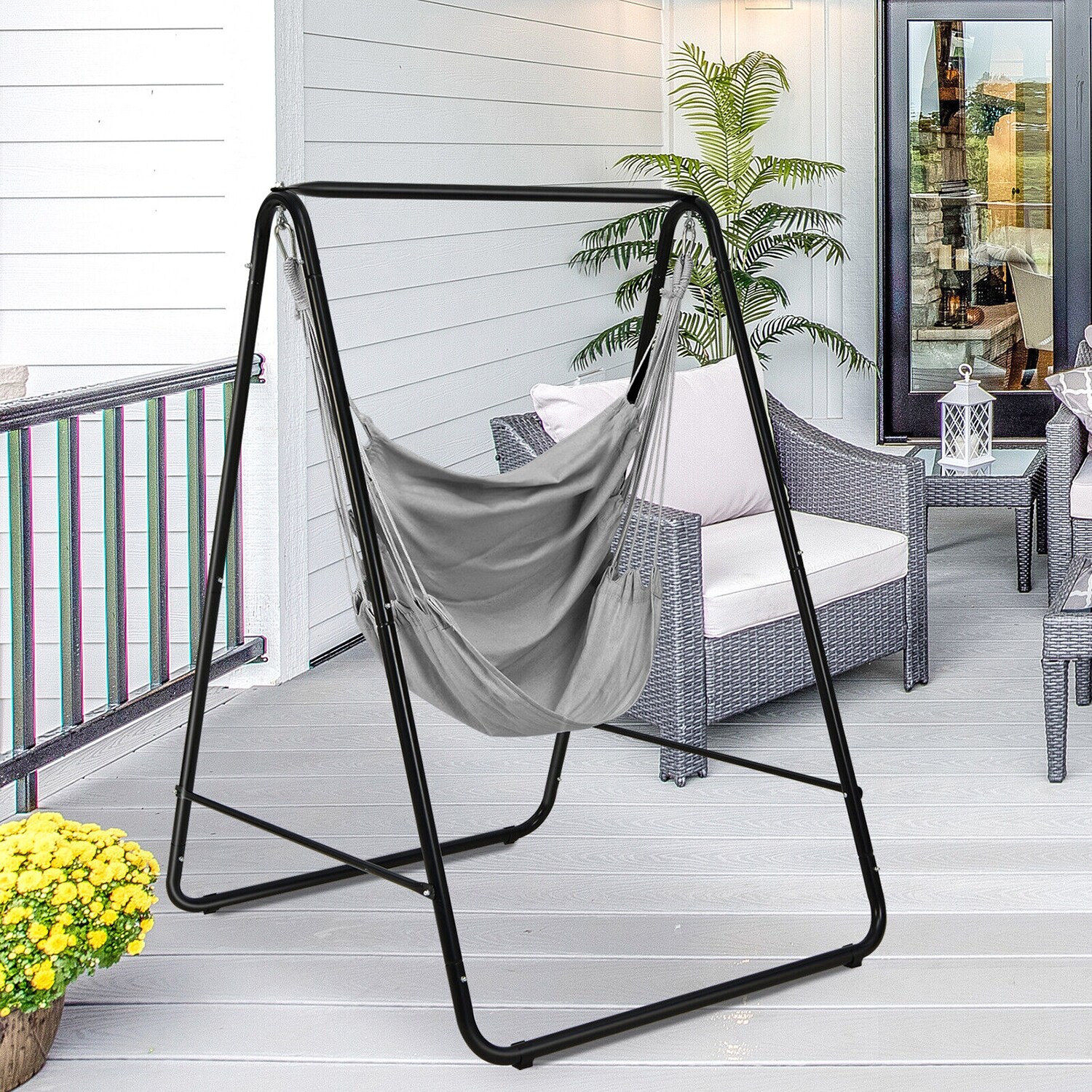 Clihome Outdoor Hammock with Stand Grey Fabric Hammock Chair with Stand Cotton | CL-GR-10577
