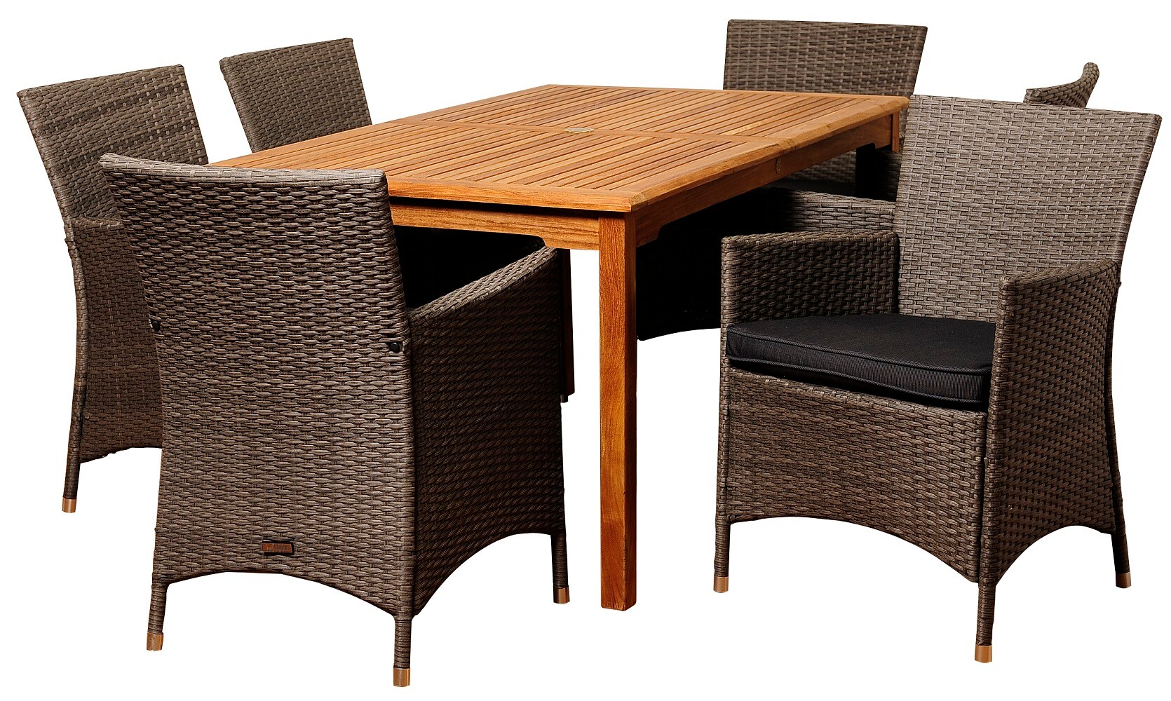 Envelor Amazonia 7 Piece Brown Wicker Patio Dining Set Wood Rectangle Table With 6 Gray Cushions