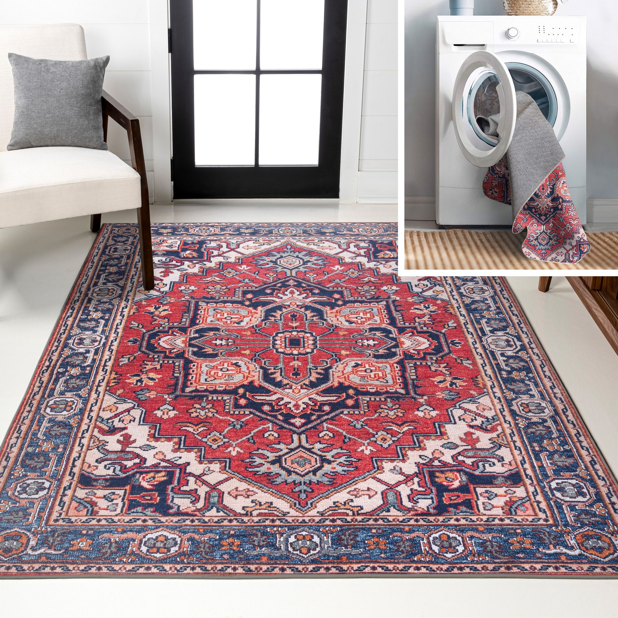 JONATHAN  Y WSH105A-4 WASHABLE Cirali Ornate Large Medallion 4 x 6 (ft) Loomed Polypropylene Red/Navy Rectangular Indoor Border Bohemian/Eclectic Machine washable Area rug