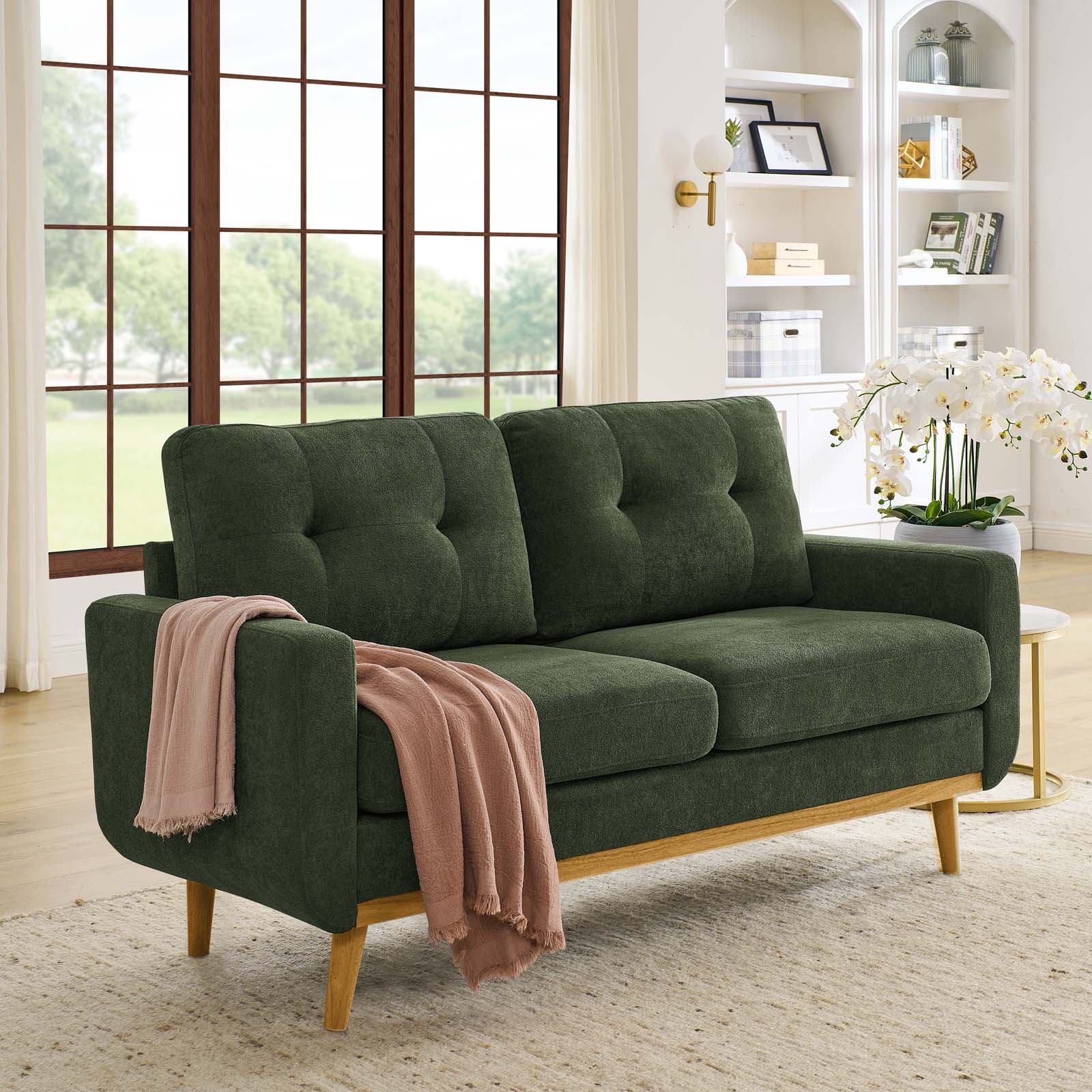 67.7-in. Wide Green Polyester Tufted Loveseat Sofa With Wooden Legs Upholstered 2-Seater Small Co...