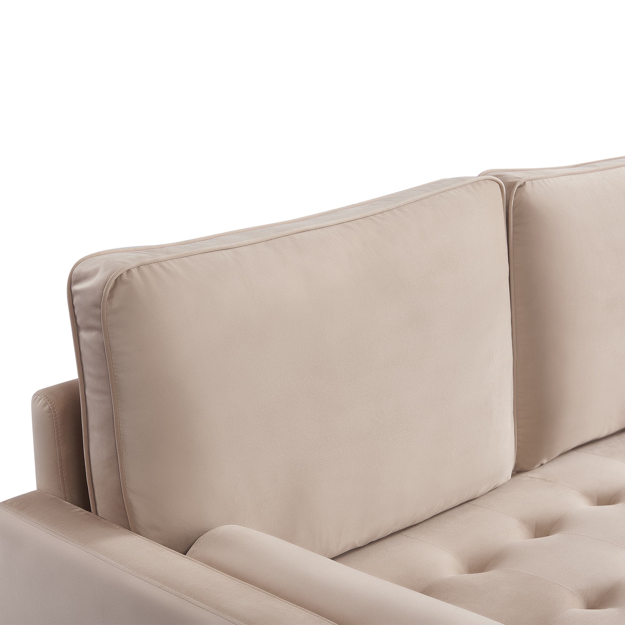Beige Velvet Loveseat with Wood Legs and Bolster Pillows