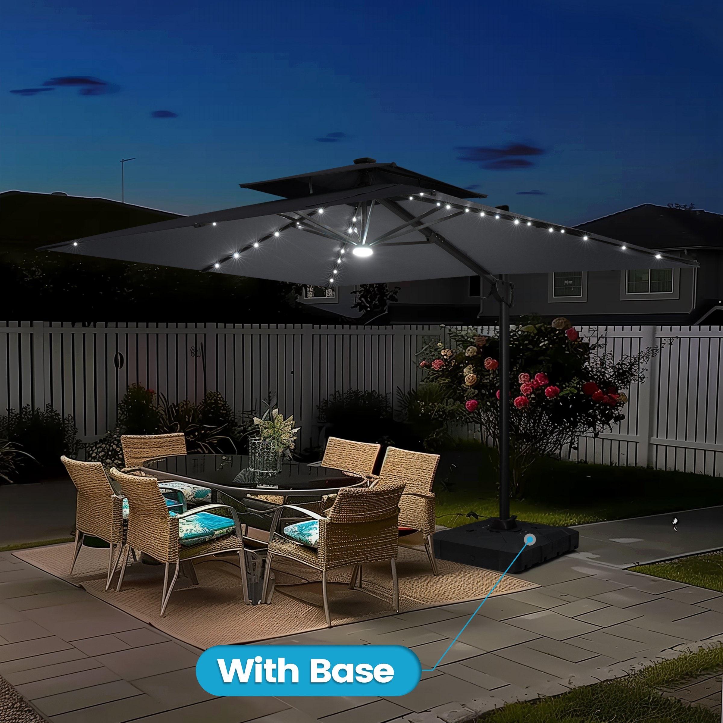Crestlive Products - 11-ft Aluminum Gray Slide-tilt Cantilever Patio Umbrella with Lights with Base