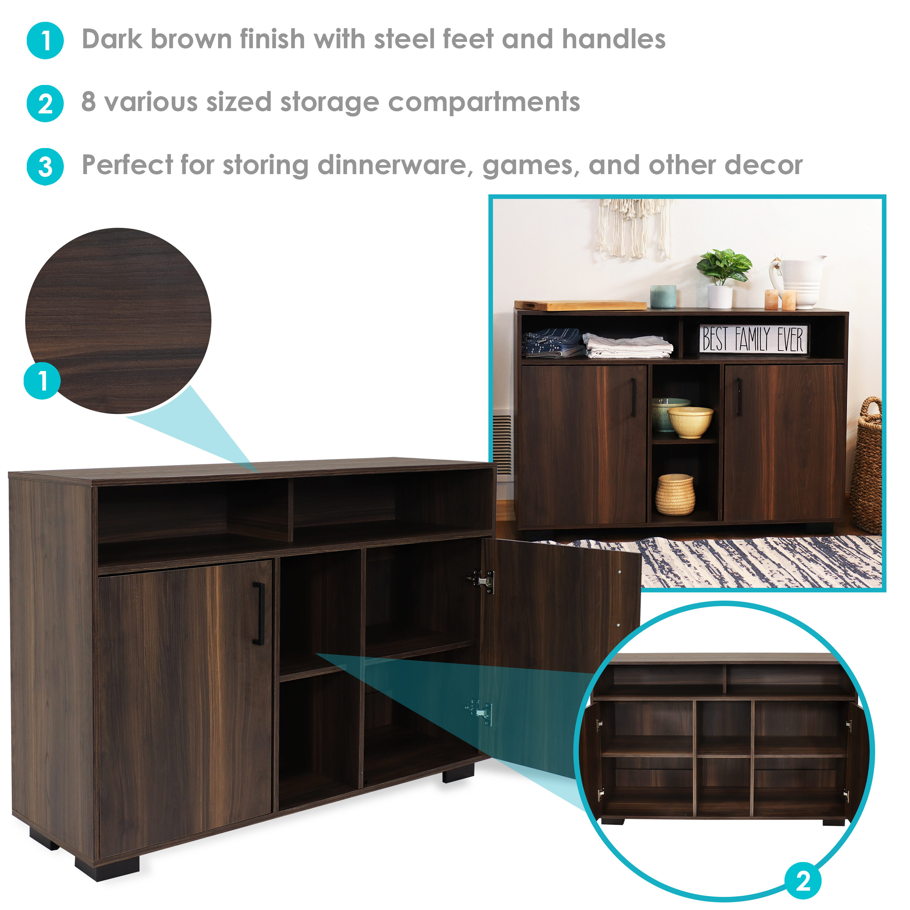 Anthony Coffee Brown Pine MDF Sideboard Buffet Cabinet with Shelves