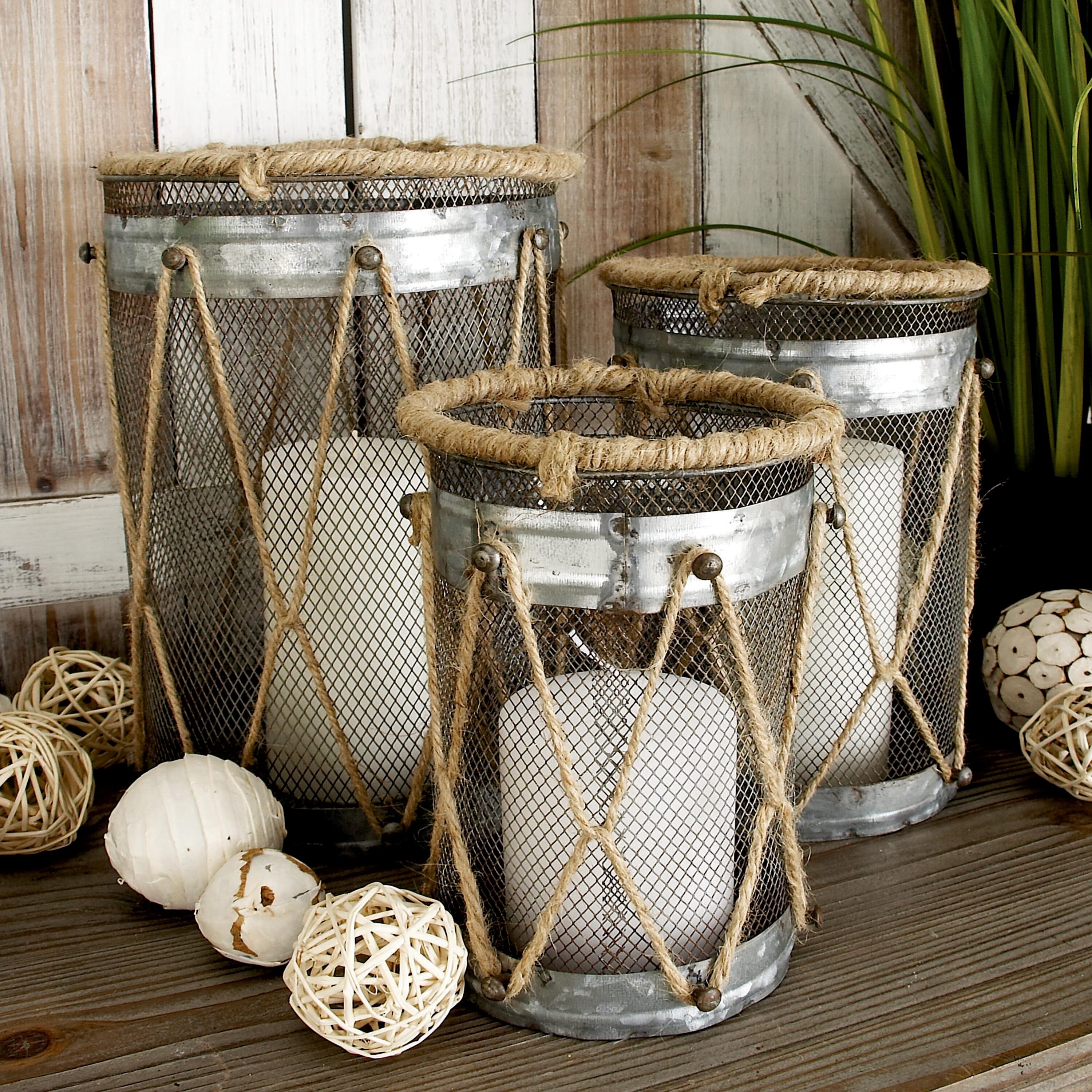 Elegant Silver Metal Hanging Hurricane Candle Lantern Trio