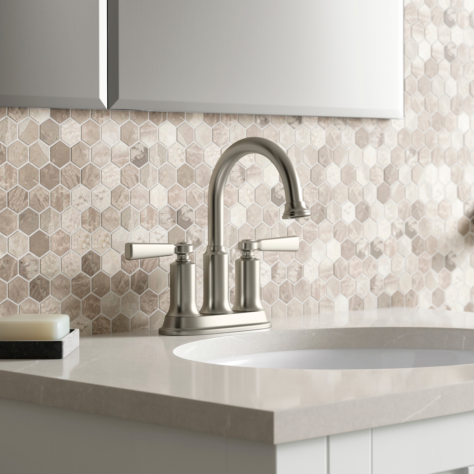 KOHLER R21546-4D-BN Aderlee Vibrant Brushed Nickel 4-in centerset 2-handle WaterSense Swivel Residential Handle Bathroom Sink Faucet with Drain