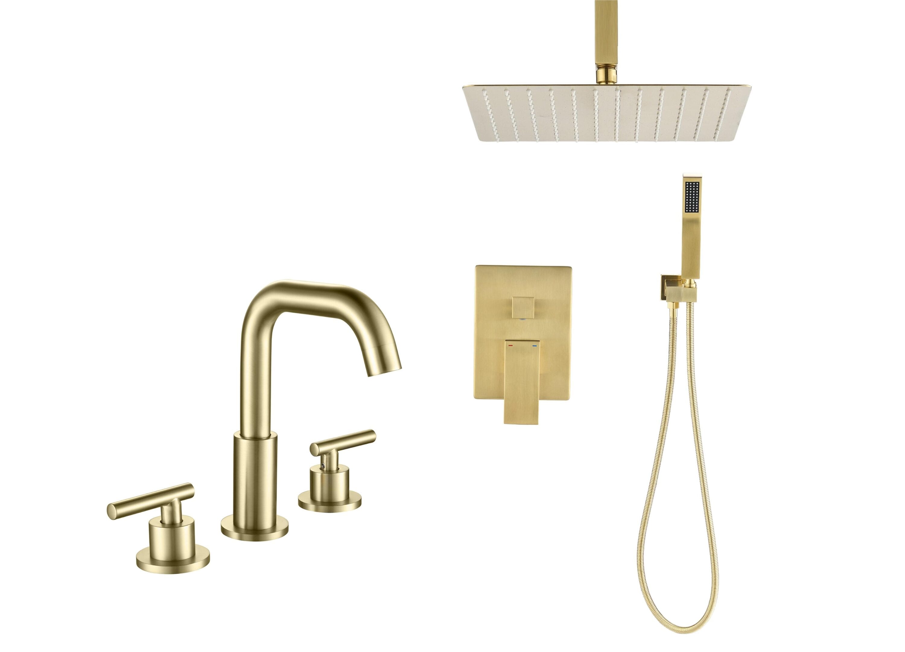 WELLFOR CR-P-12-2W01MB ZC Shower System with Bathroom Faucet kits Brushed Gold 12-in Waterfall Dual Head Built-In Shower Faucet System with 2-way Diverter ( Pressure-balanced Valve Included )