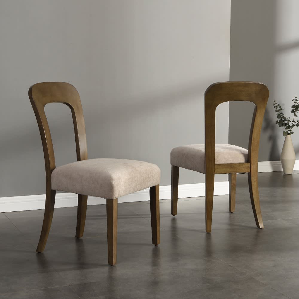 Coolbibila AIDEN-DINING-BEIGE Upholstered Dining Chairs Set of 2 Beige Fabric Side Chairs with Light Brown Solid Rubber Wood Legs