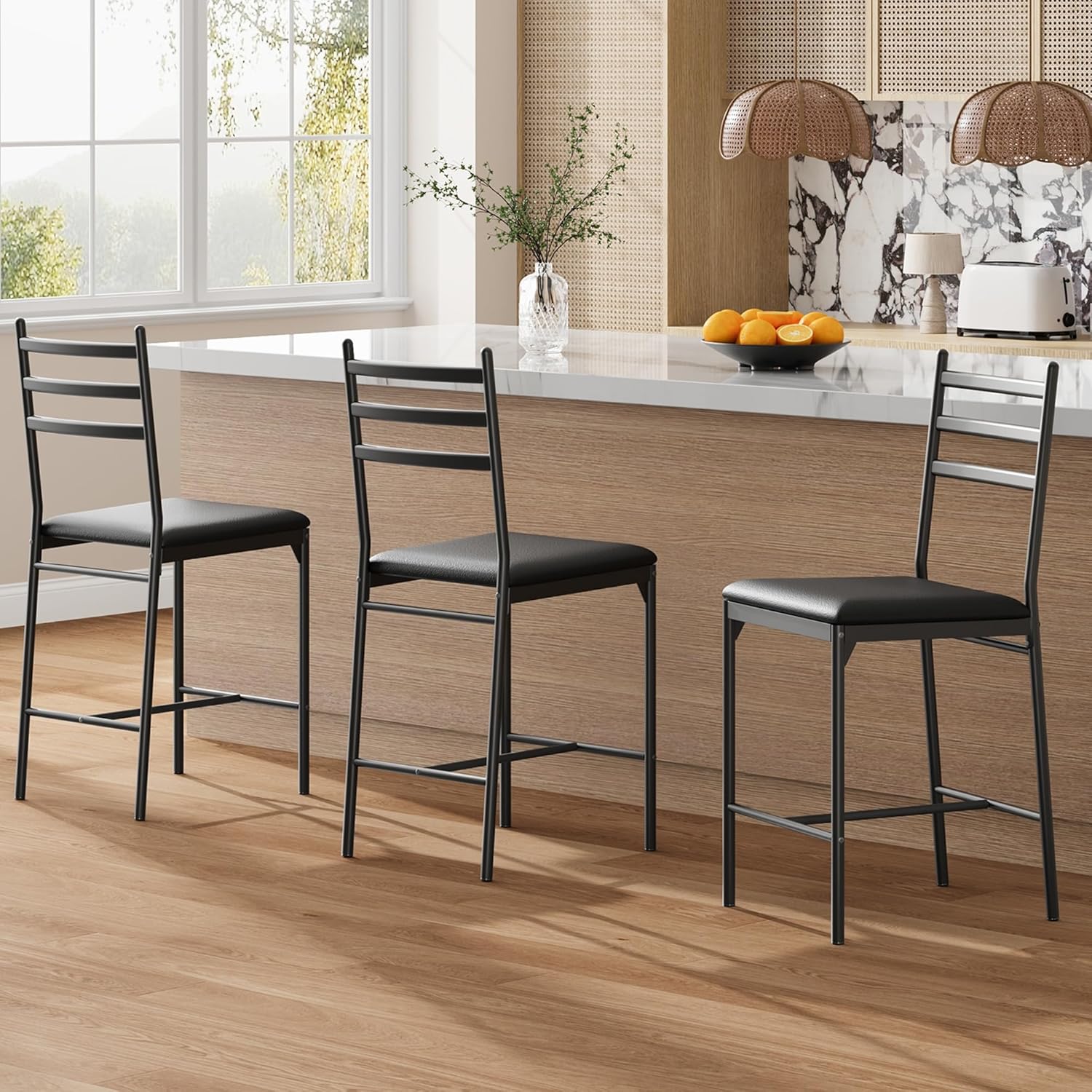 Qeetex LHF-YZ-PHO-34HMCPQ4 Bar Stools Set of 2 - Faux Leather Bar Chair with Back - Thick Cushion - Upholstered Counter Height Bar Stools with Footrest for Kitchen Island - Counter Bar - Black