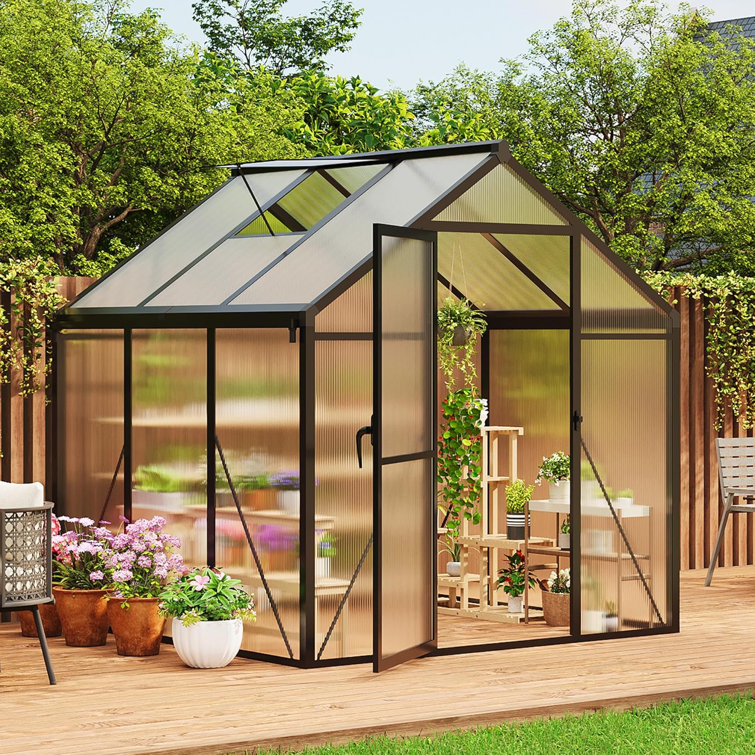 Qeetex QET-GH-WK14 6 x 6 FT Greenhouse Greenhouses for Outside Polycarbonate Greenhouse with Aluminum Frame Lockable Door and Ajustable Roof Vent for Backyard Green Houses for Outside Garden Backyard Patio