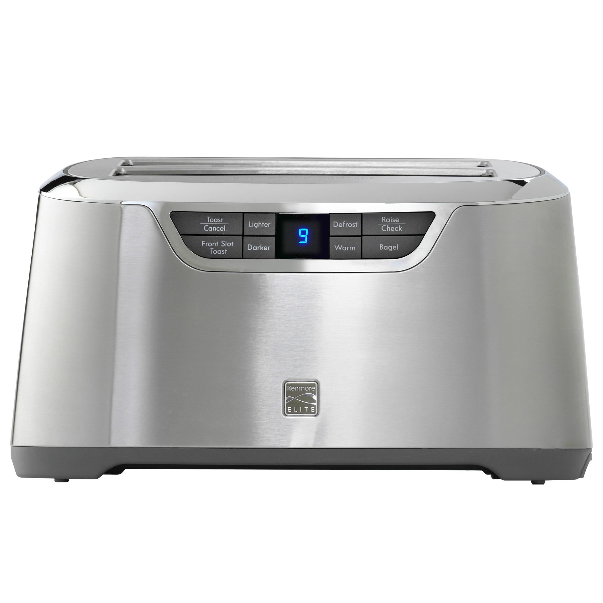Kenmore 4-Slice Toaster, White Stainless Steel, Dual Controls, Extra Wide Slots, Bagel and Defrost Functions, 9 Browning Levels, Removable Crumb