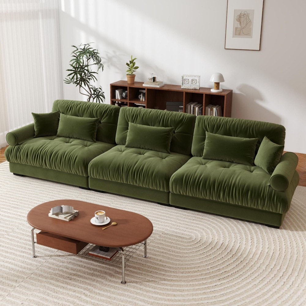 Homy Casa BREAD-GR BREAD 130 in. Rolled Arm Velvet 3-Seater Rectangle Cloud Look Sofa with Bolster Armrests and Deep Seats in Olive Green