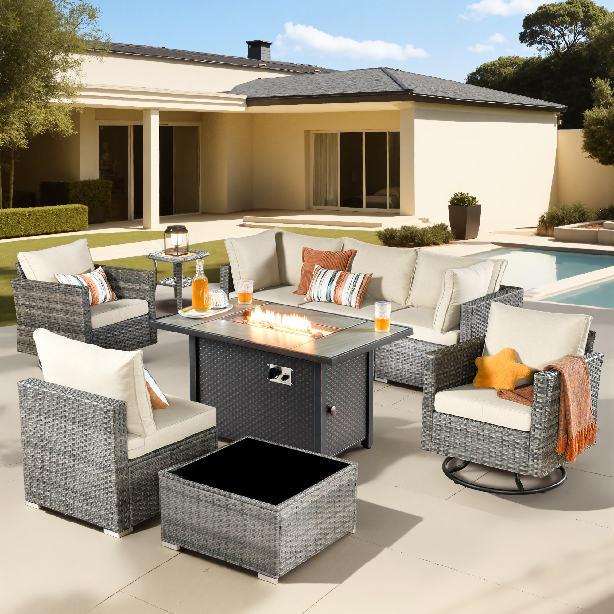Pouuin SCFPHOP609 7 -Piece Wicker Patio Sofa Conversation Set with Beige Cushions