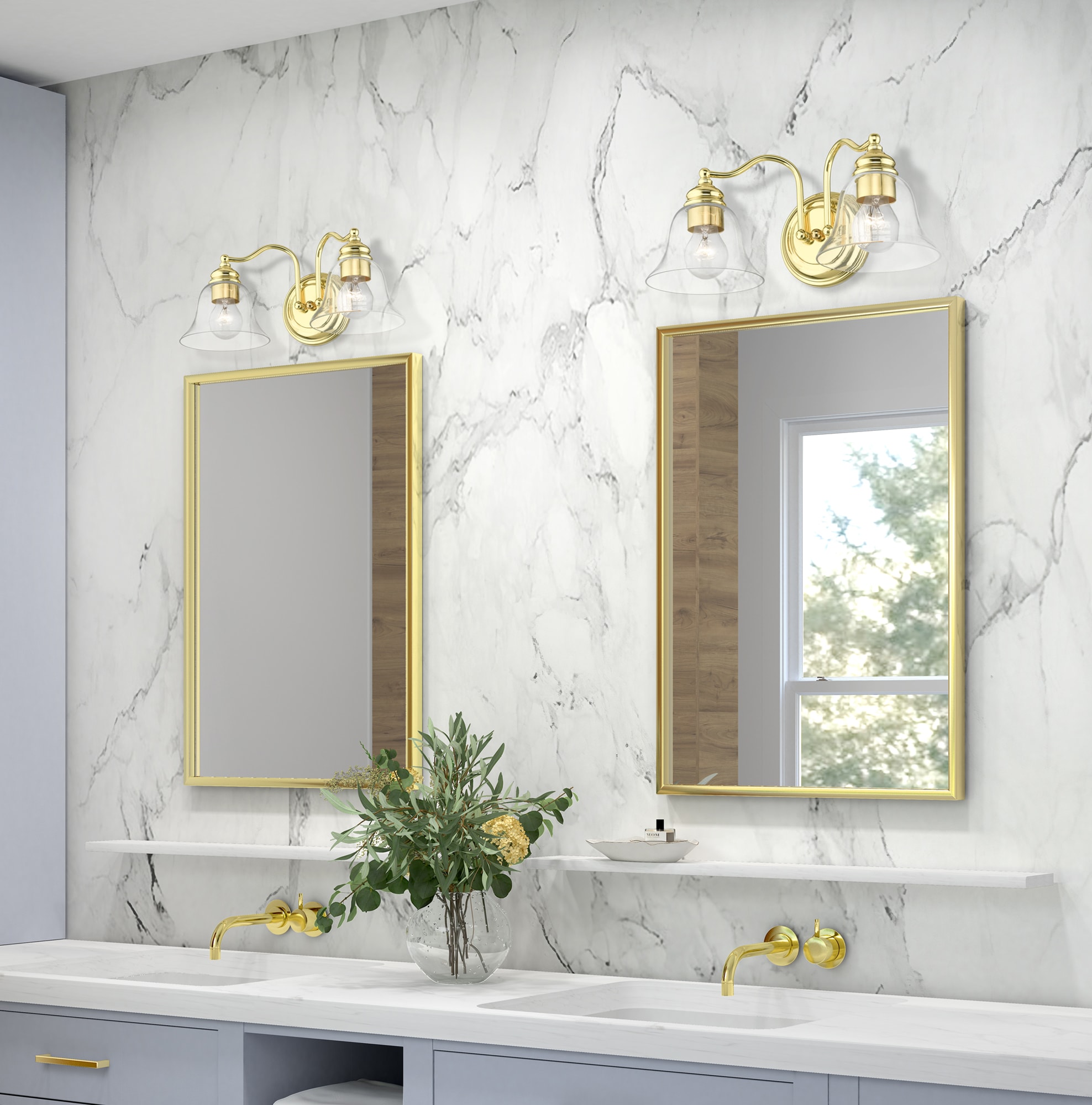 Elegant Polished Brass 2-Light Vanity with Clear Glass Shades