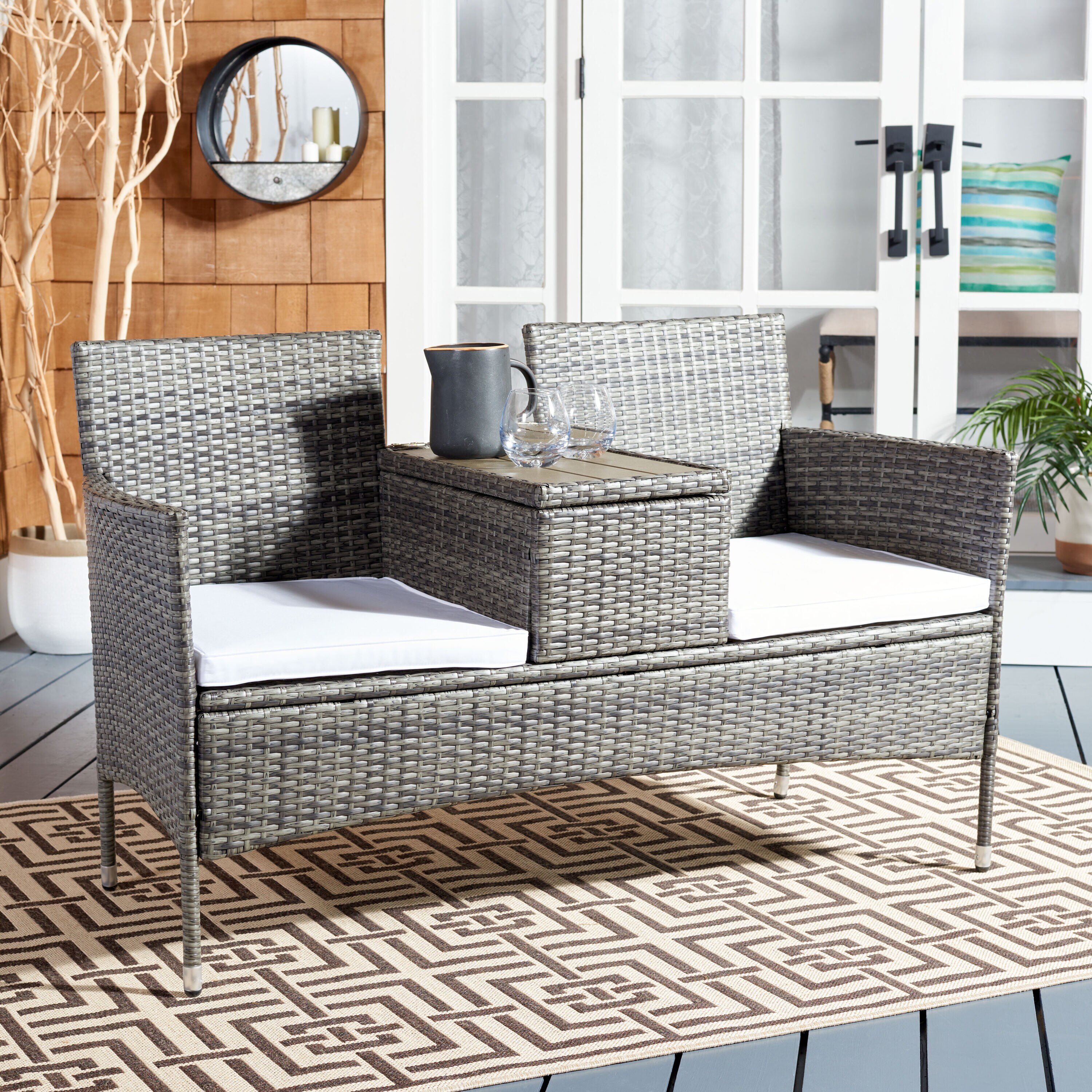 Safavieh PAT7710C Patio Wicker Gray / Brown Steel Frame Stationary Conversation Chair with White Cushioned Seat