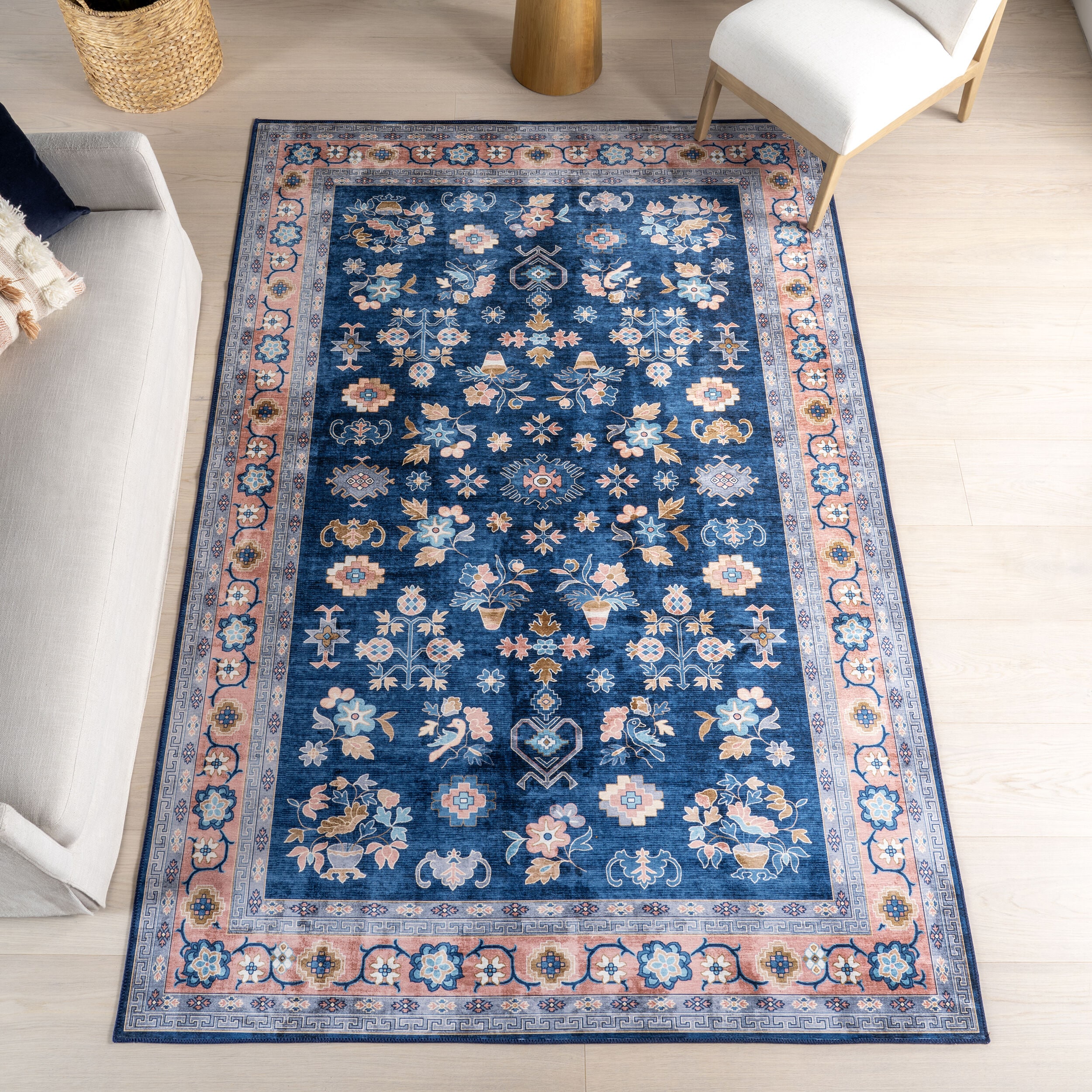 nuLOOM 200BIVL104A-305 Verity SplashGuard Traditional Medallion Machine Washable 3ft. x 5ft. Blue Area Rug