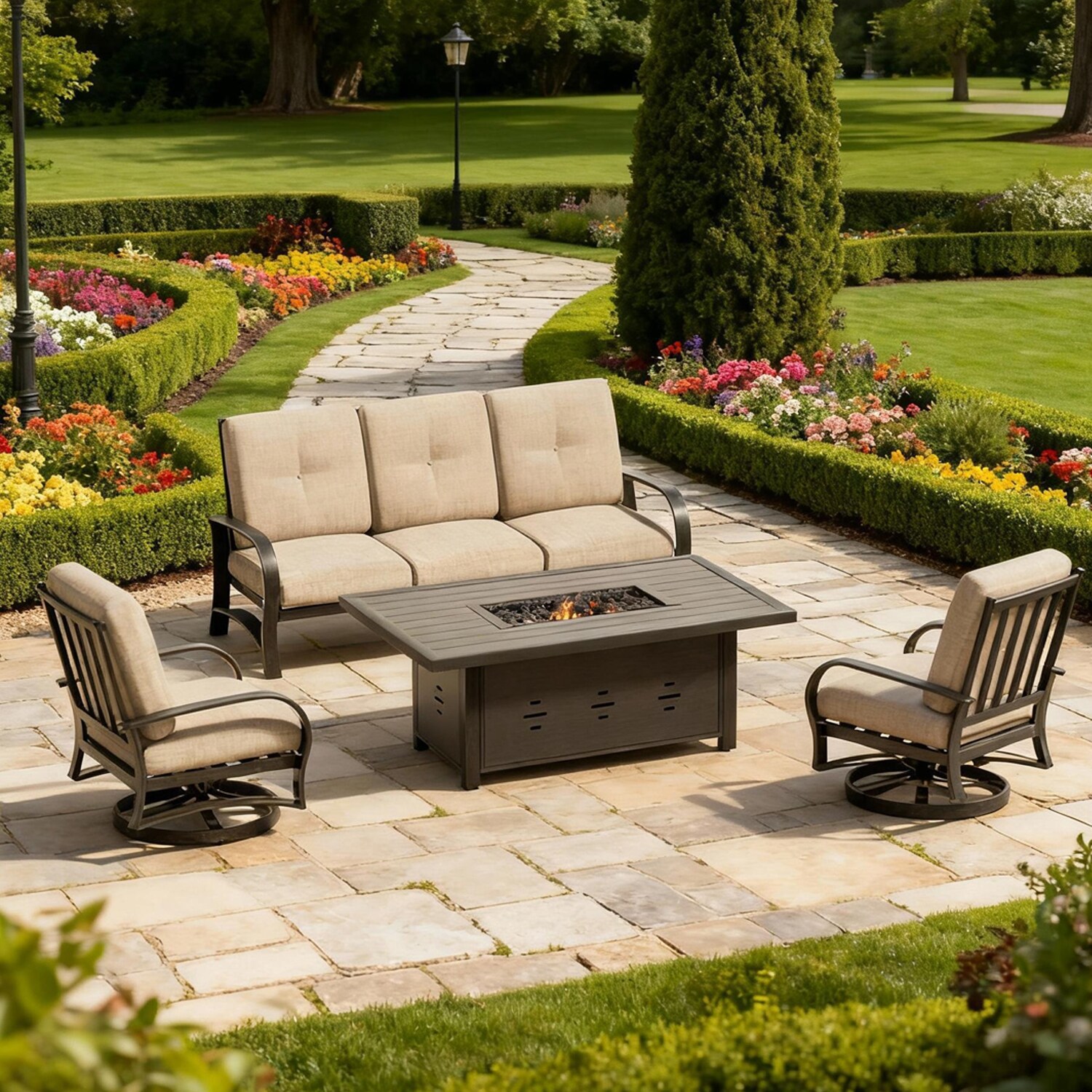 PEAK HOME FURNISHINGS 970328X2-970327-970430 Conversation Sofa Set Outdoor Sofa with Beige Cushions and Aluminum Frame