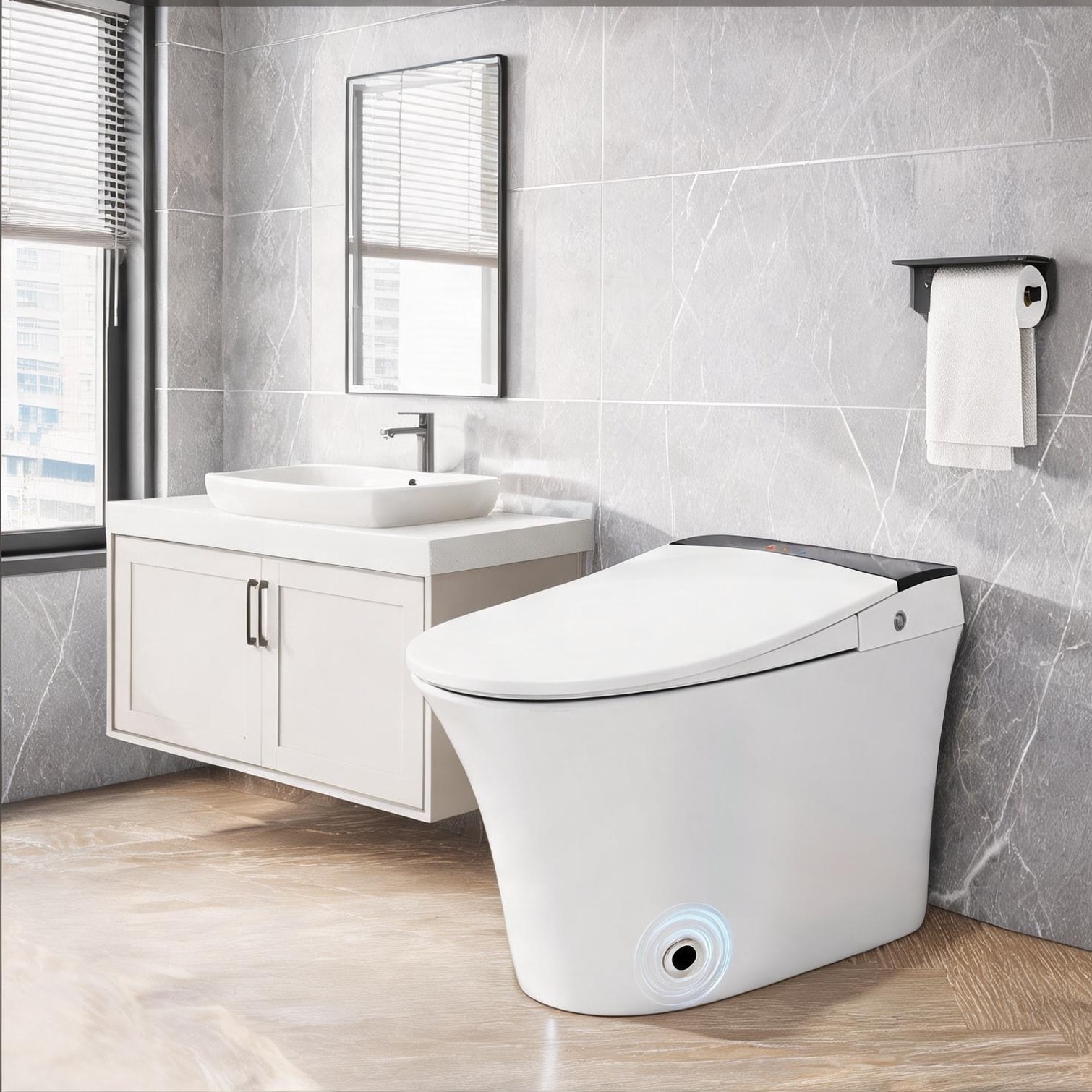 SunJet - Smart One-Piece Toilet with Heated Seat and Foot Sensor Flush Elongated Ceramic in White...