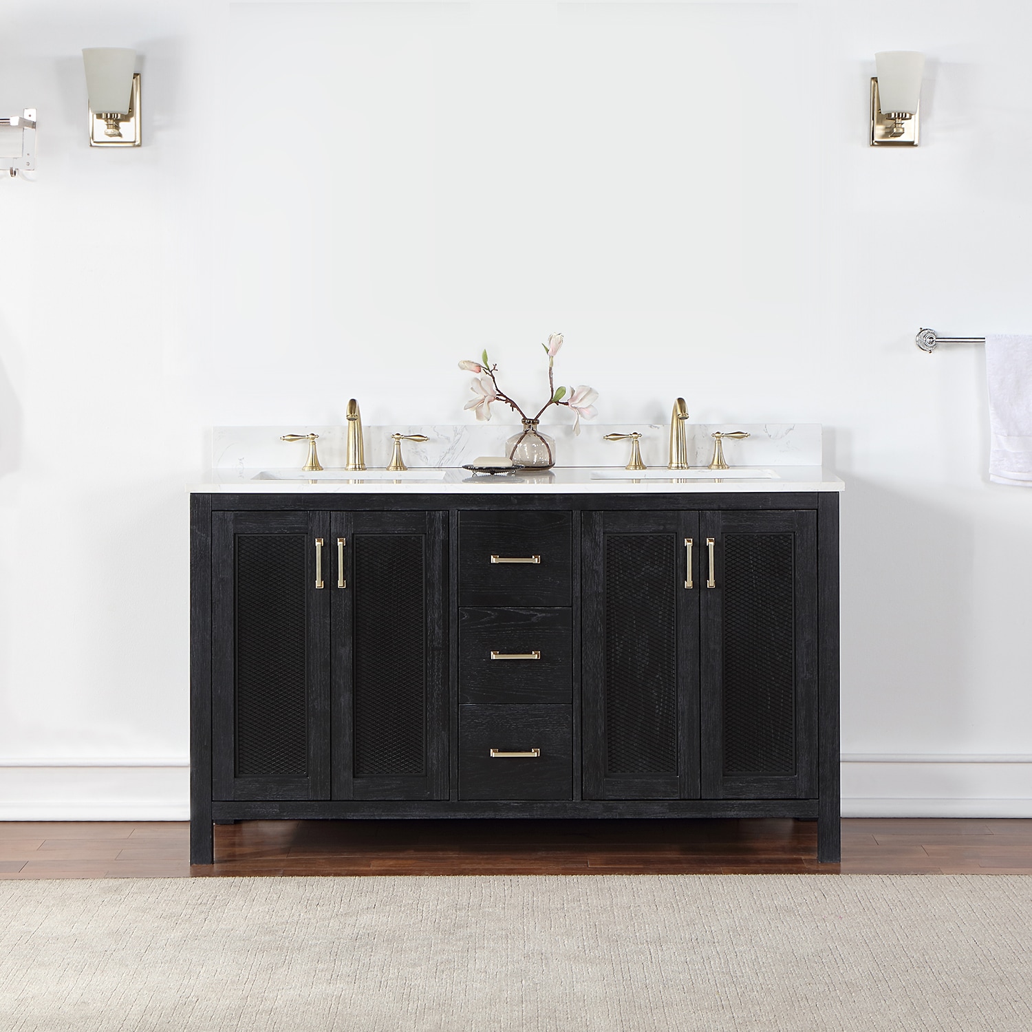 Altair 542060-BO-AW-NM Hadiya 60-in Black Oak Undermount Double sink Bathroom Vanity with Aosta White Engineered marble Top