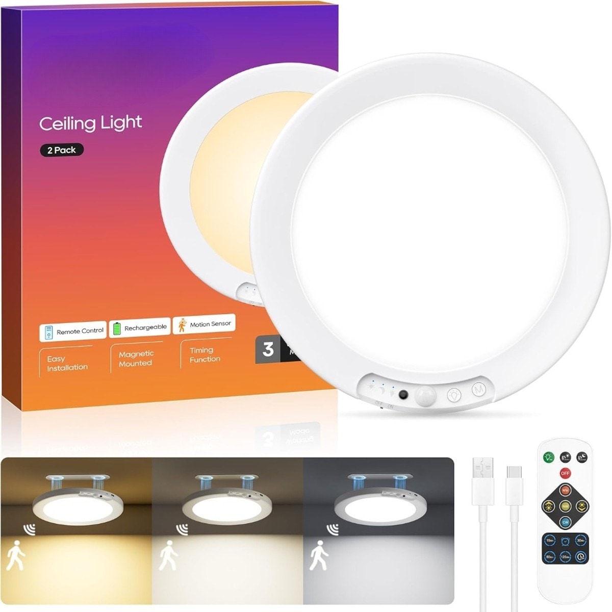 Slagawa  Round 3 Color Dimmable LED Ceiling Light with Motion Sensor and Remote 8000mAh Rechargeable Battery Operated for Closet Pantry Shed Hallway Patio