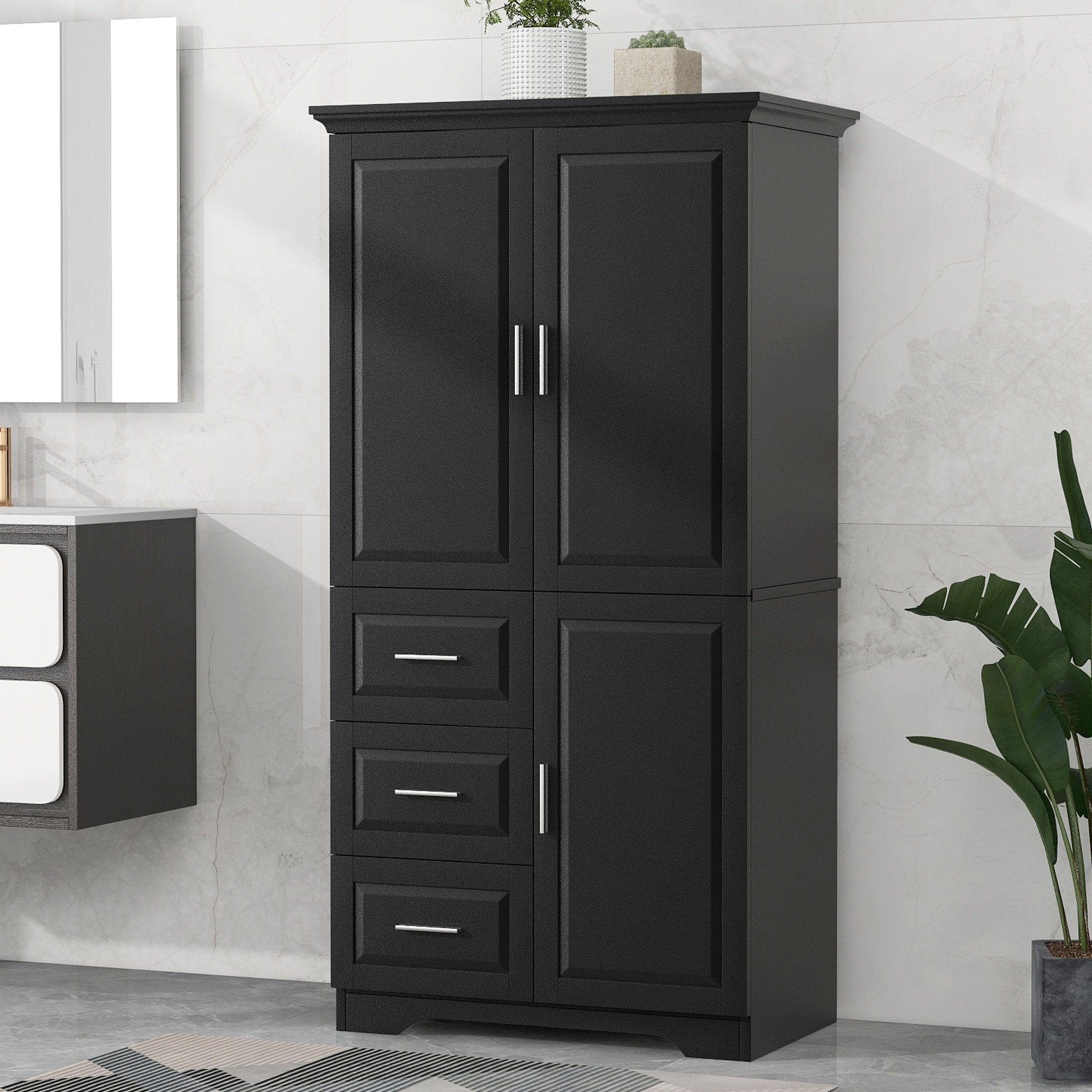 LIVACA 33 inch x 20 inch x 62 inch Black MDF Tall and Wide Storage Cabinet with Doors with Three Drawers and Adjustable Shelf