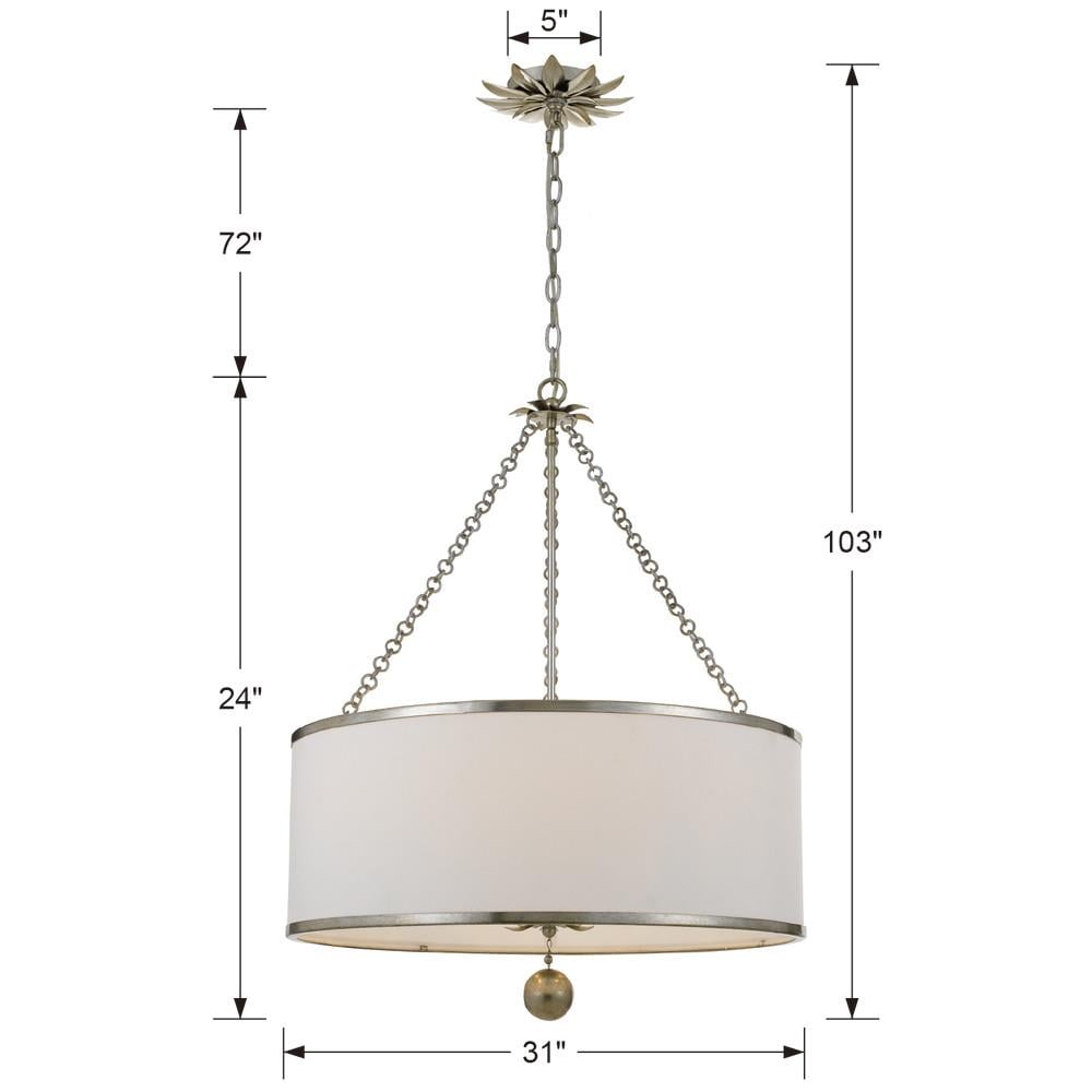 Elegant Antique Silver 6-Light Chandelier with White Silk Drum Shade