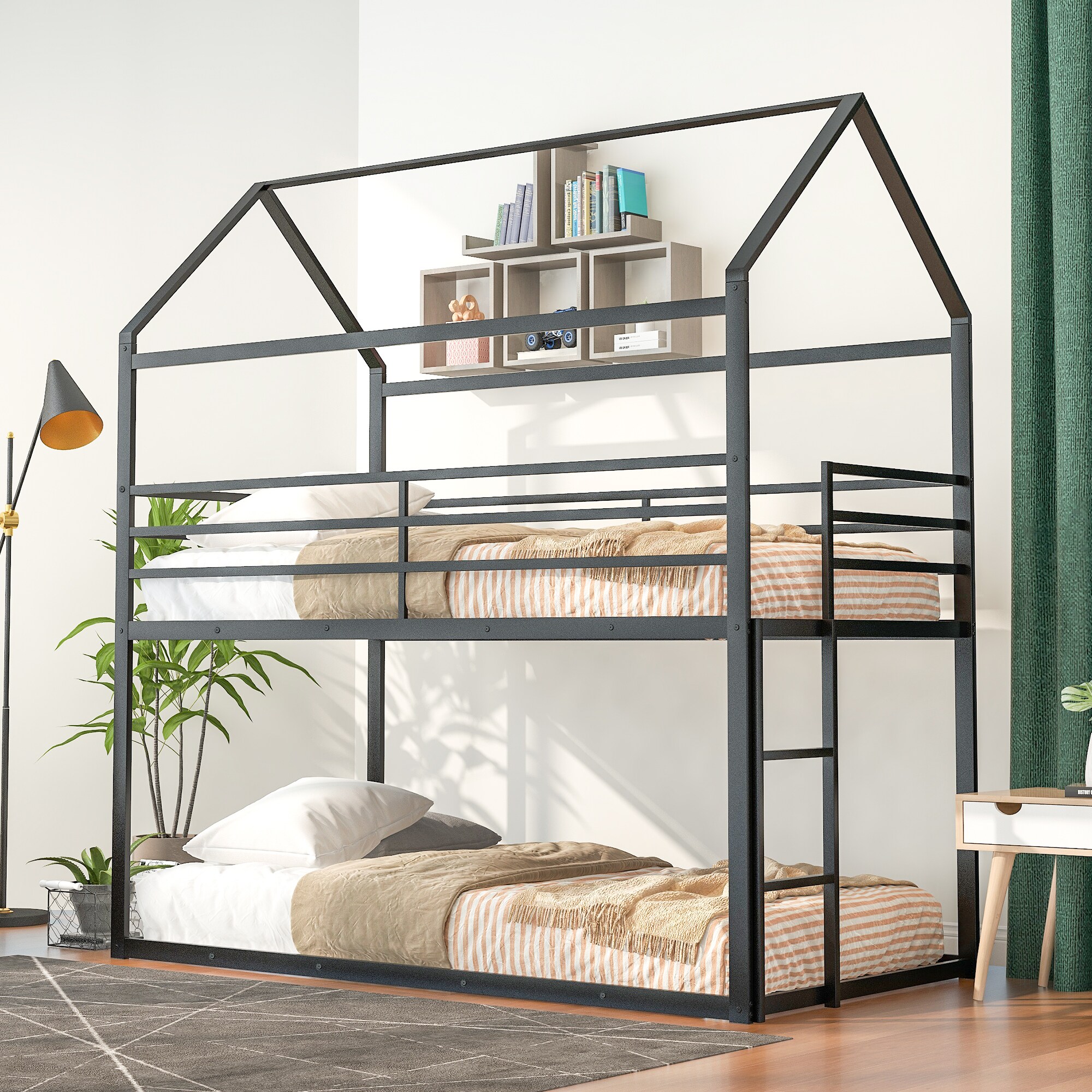 ModernLuxe WF286772AAB Bunk Beds for Kids Twin over TwinHouse Bunk Bed Metal Bed Frame Builtin LadderNo Box Spring Needed Black