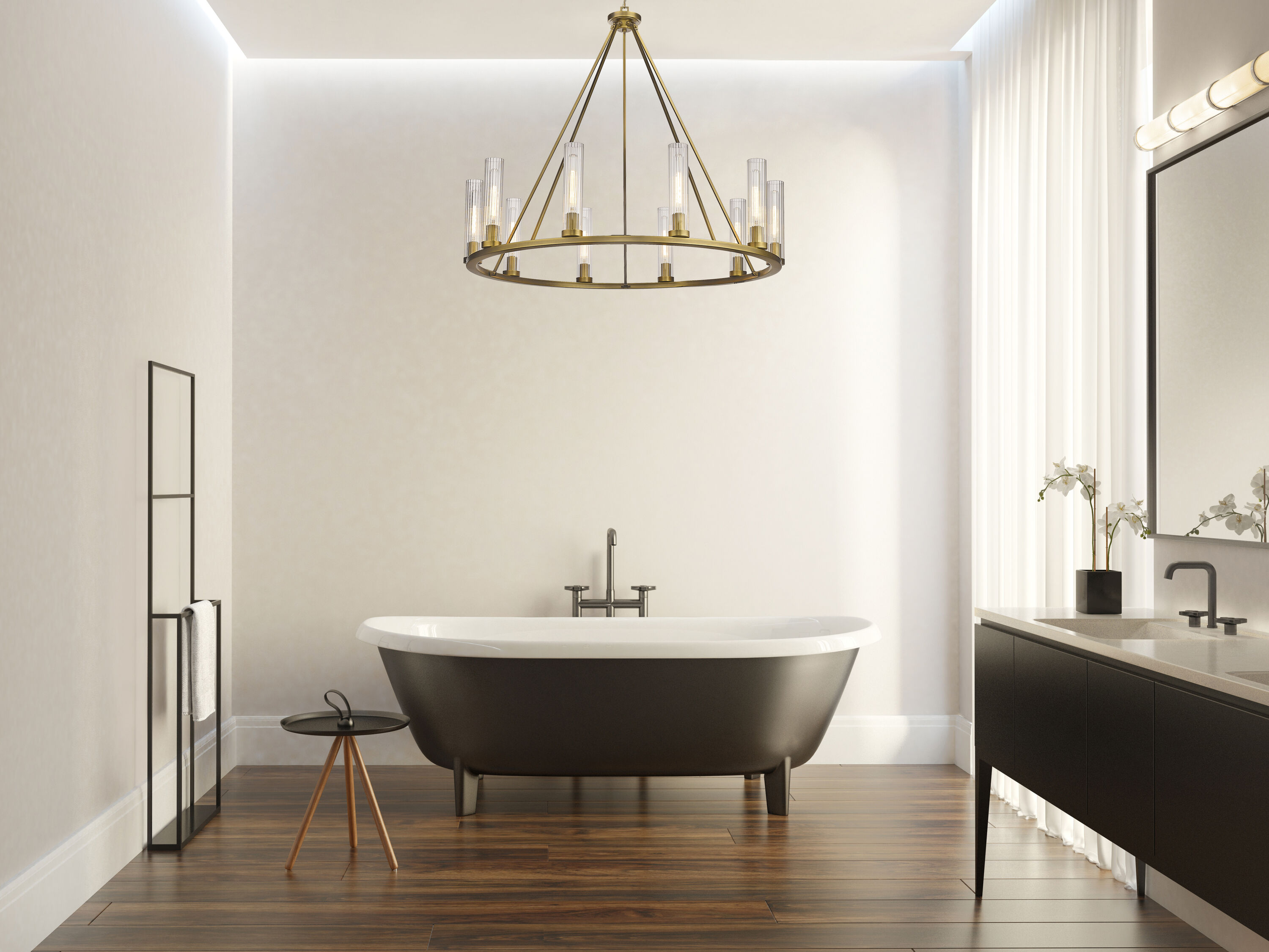 Beau 46" Rubbed Brass Chandelier with Fluted Glass Shades