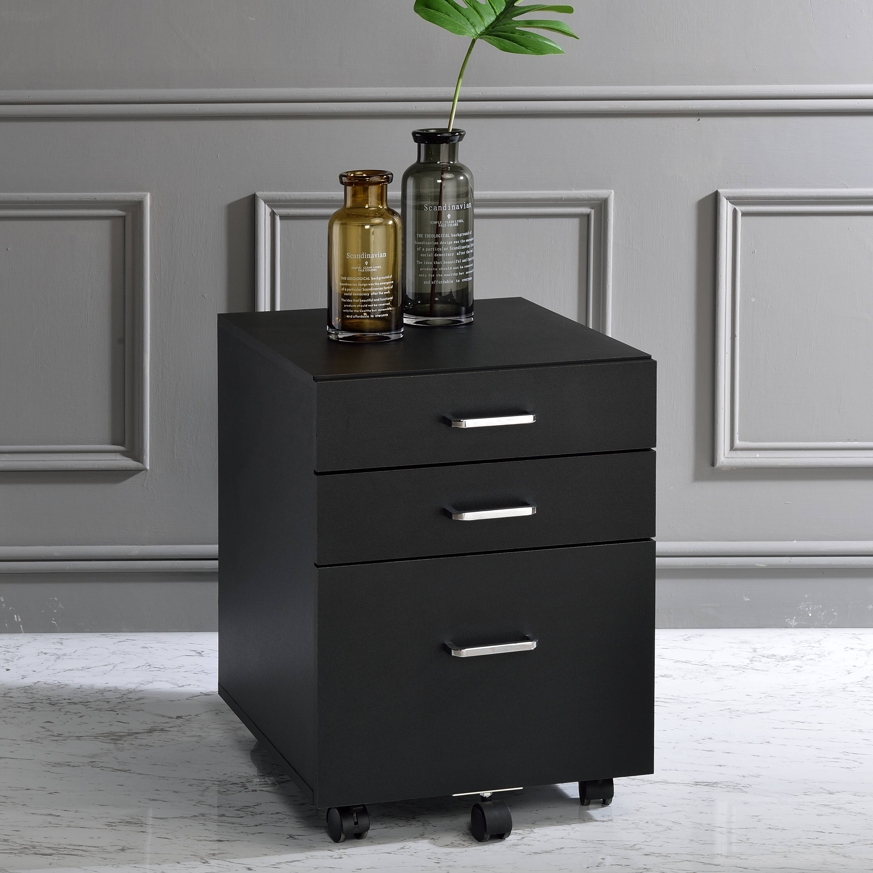 LOVMOR SF-Y-B062P184517 Black and Chrome 3-Drawer Rectangular File Cabinet