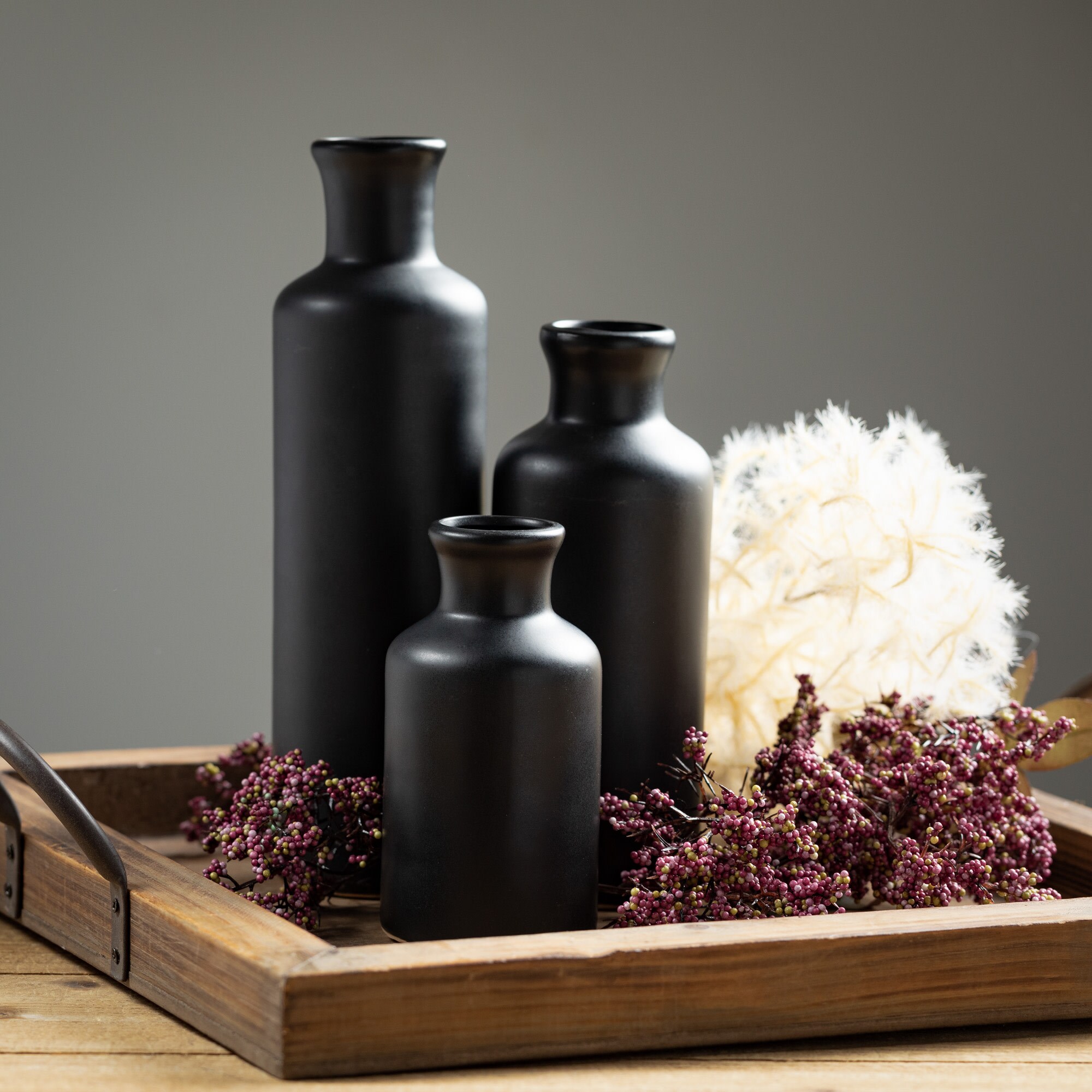 Modern Matte Black Ceramic Vase Trio for Elegant Table Decor