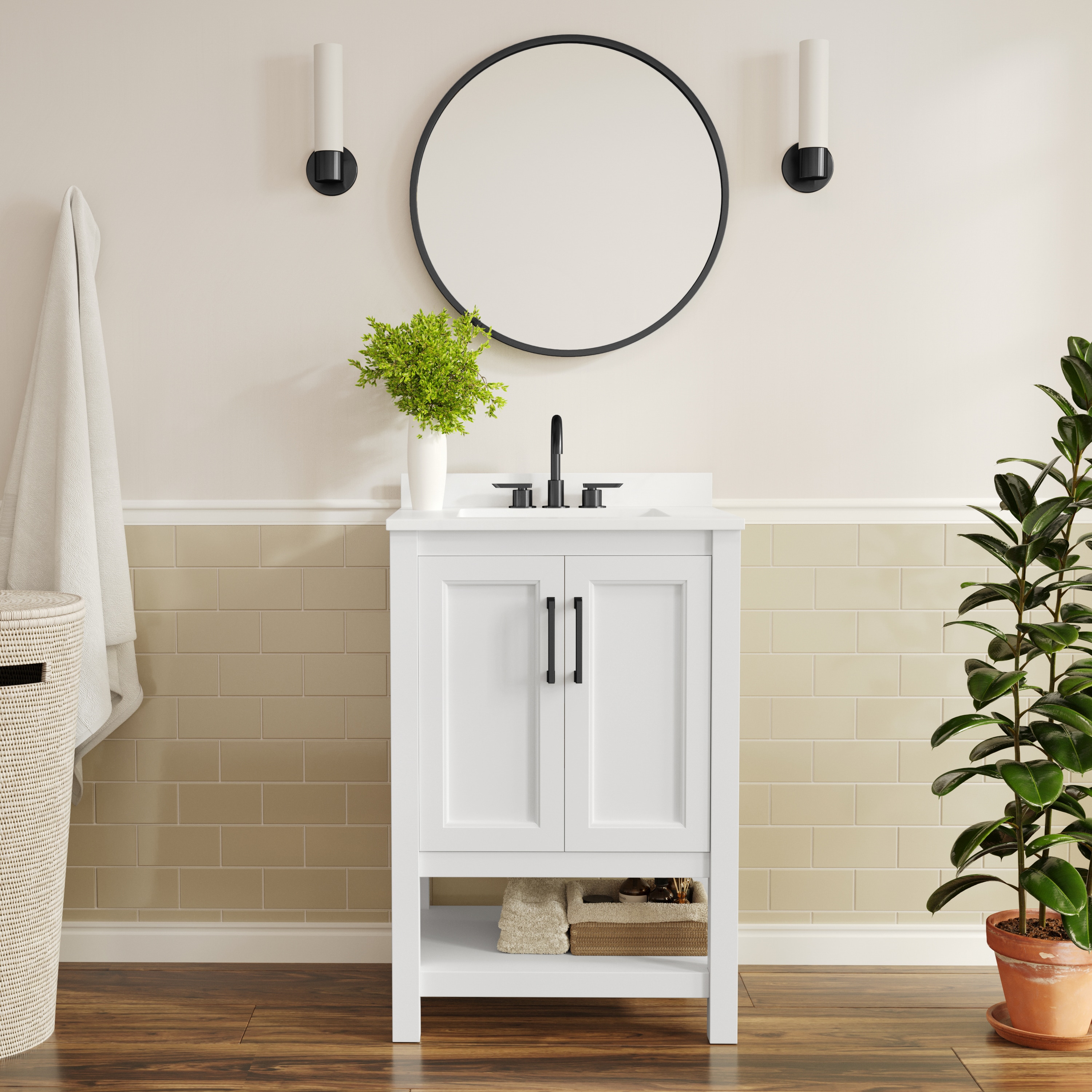 Flash Furniture 196861192791 Vega 24-in Bathroom Vanity with Sink; Storage Cabinet with Soft Close Doors and Open Shelf; Carrara Marble Finish Counter and Black Hardware; White/White