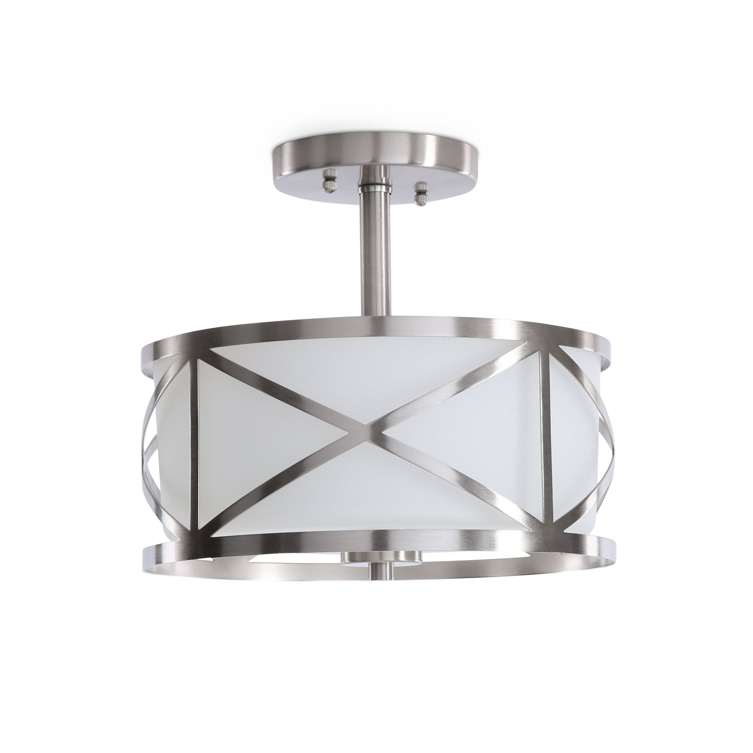 Polished Stainless Steel 3 Light Chandelier/Semi Flush With White Shade 