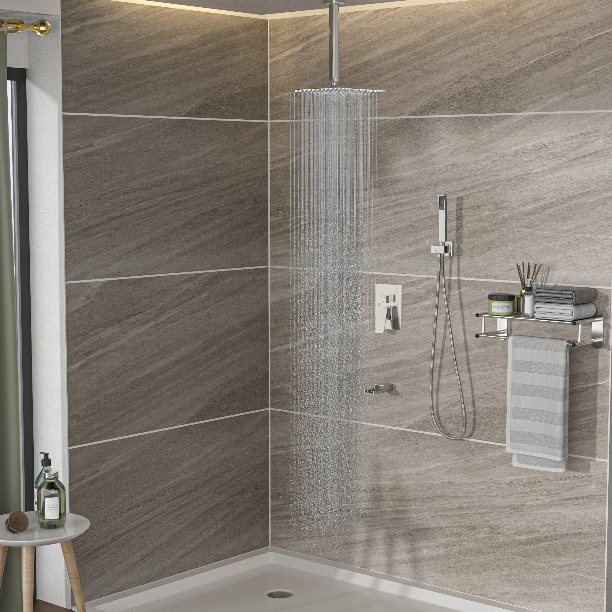 Brushed Nickel Ceiling Mounted Rain Shower System with Handheld