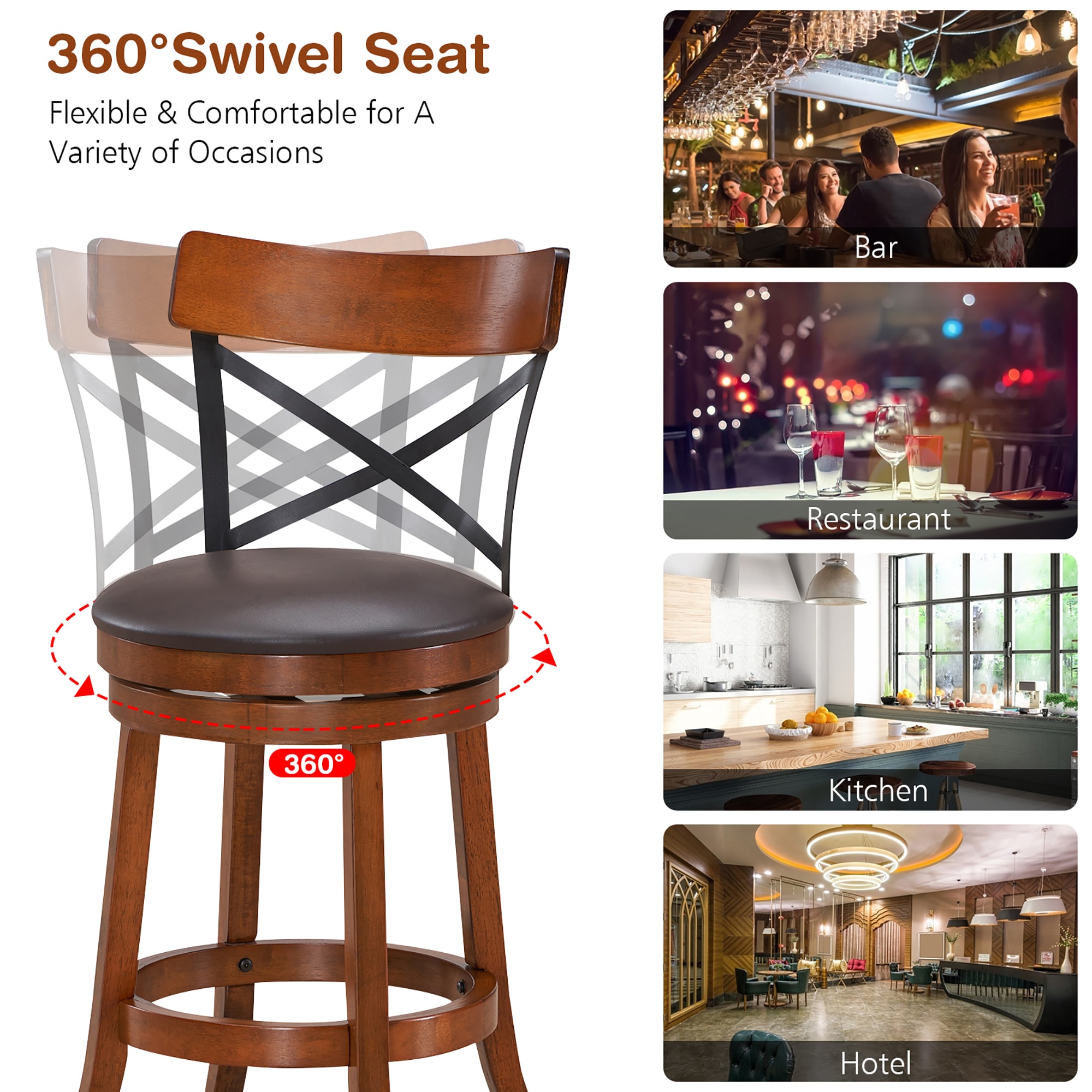 Set of 2 Walnut and Black Swivel Bar Stools with Rubberwood Legs