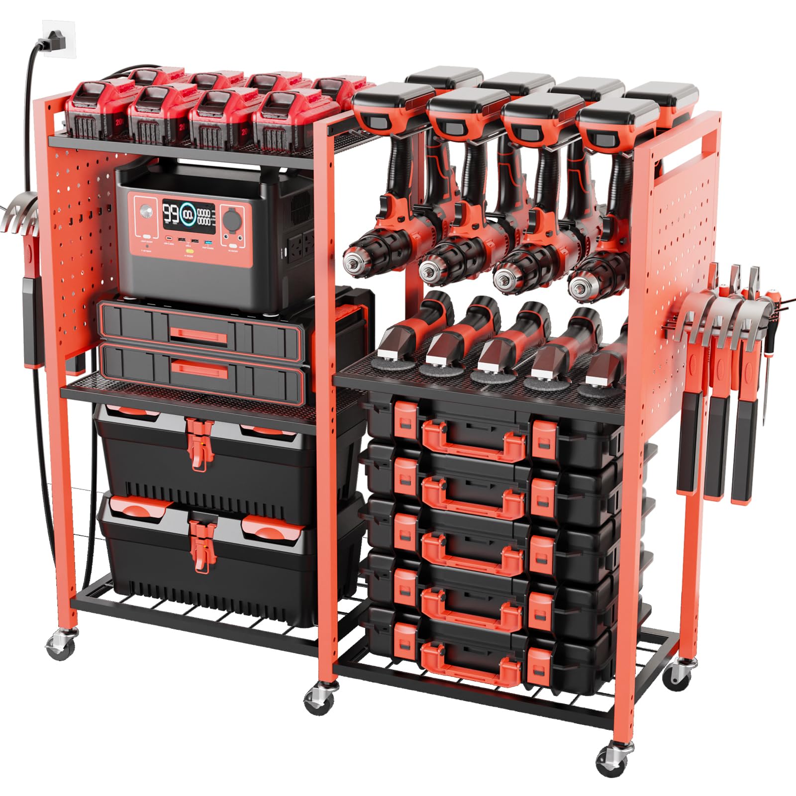 UUDULY  Heavy Duty Power Tools Organizer Cart with Charging Power Strip 6 Tier Rolling Utility Cart with 8 Hooks and 6 Load Bearing Wheels Garage