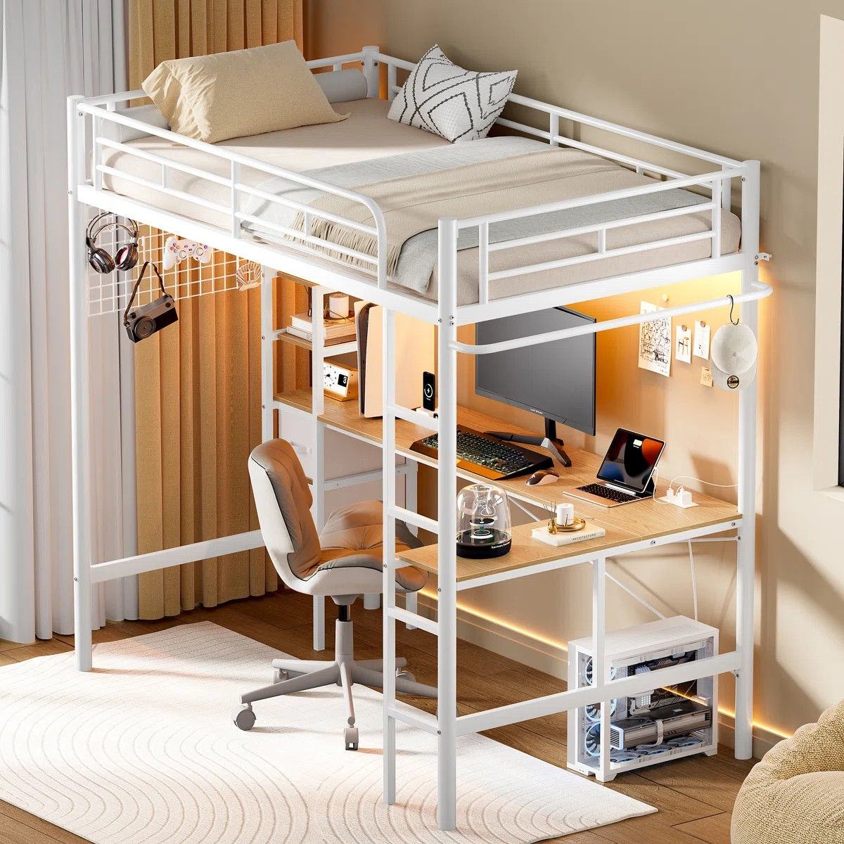 HAUSOURCE HB0502 Twin Size Loft Bed with LED Light L-Shaped Desk 2 Drawers and Shelf Charging Station White